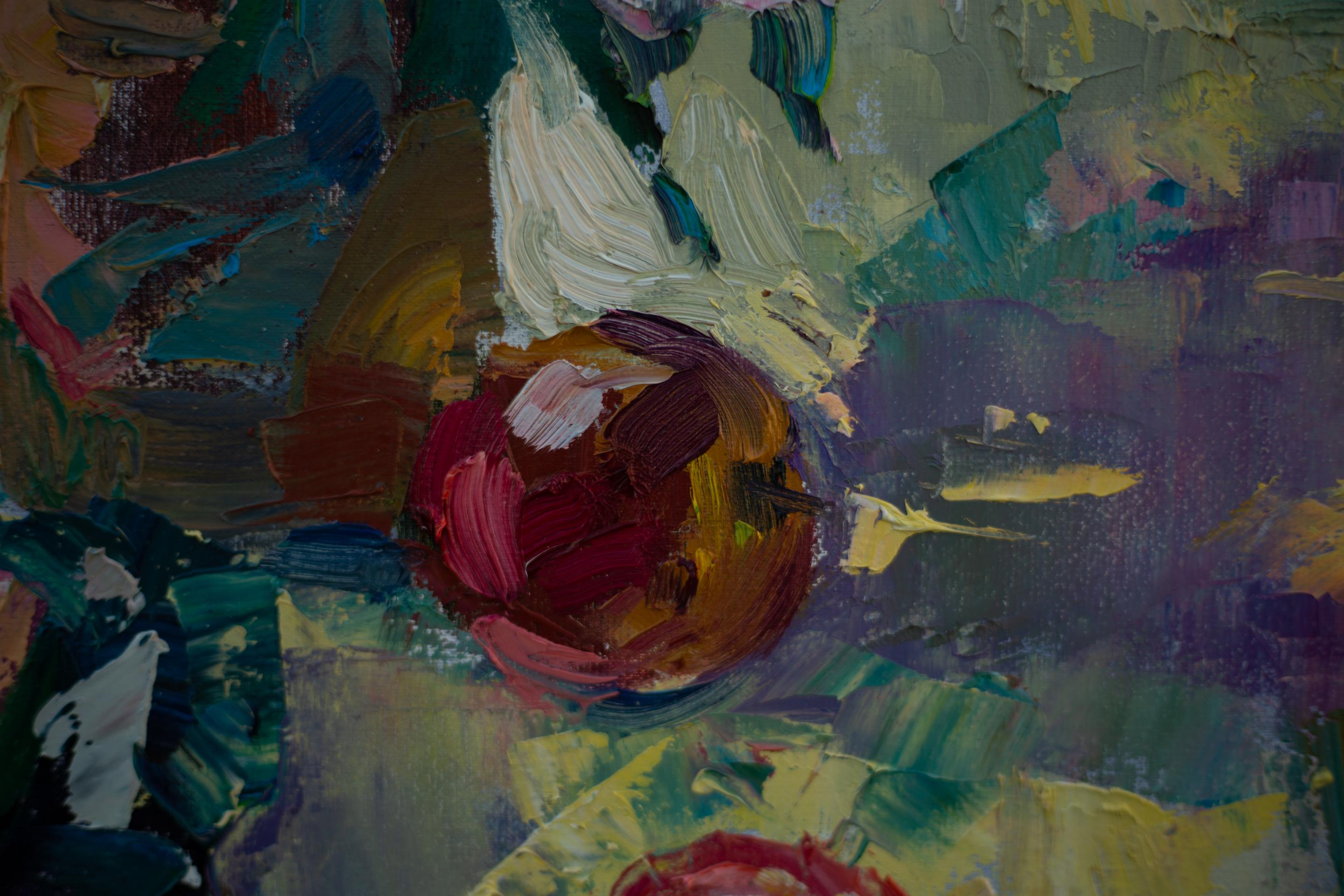 Still Life with Water Melone. Vertical, oil, bright, flowers, fruits, summer For Sale 4