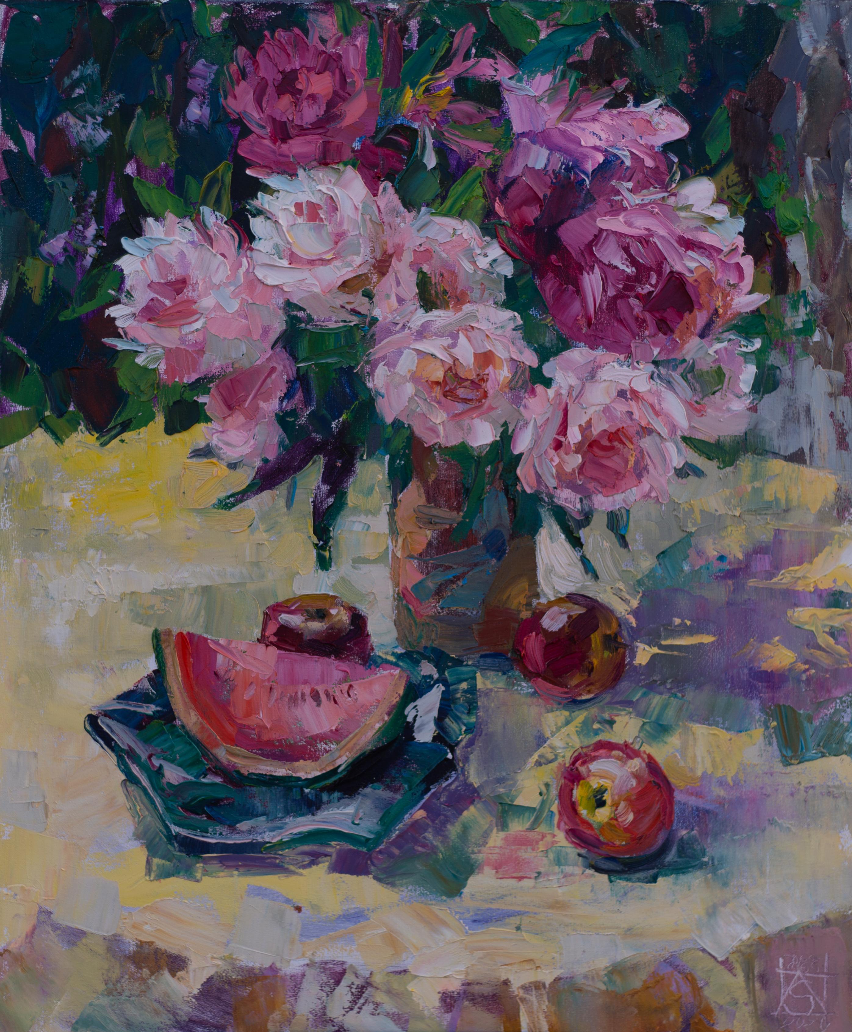 Anna Shesterikova Still-Life Painting - Still Life with Water Melone. Vertical, oil, bright, flowers, fruits, summer