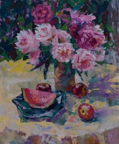 Nature morte au melon d'eau. Vertical, huile, lumineux, fleurs, fruits, été