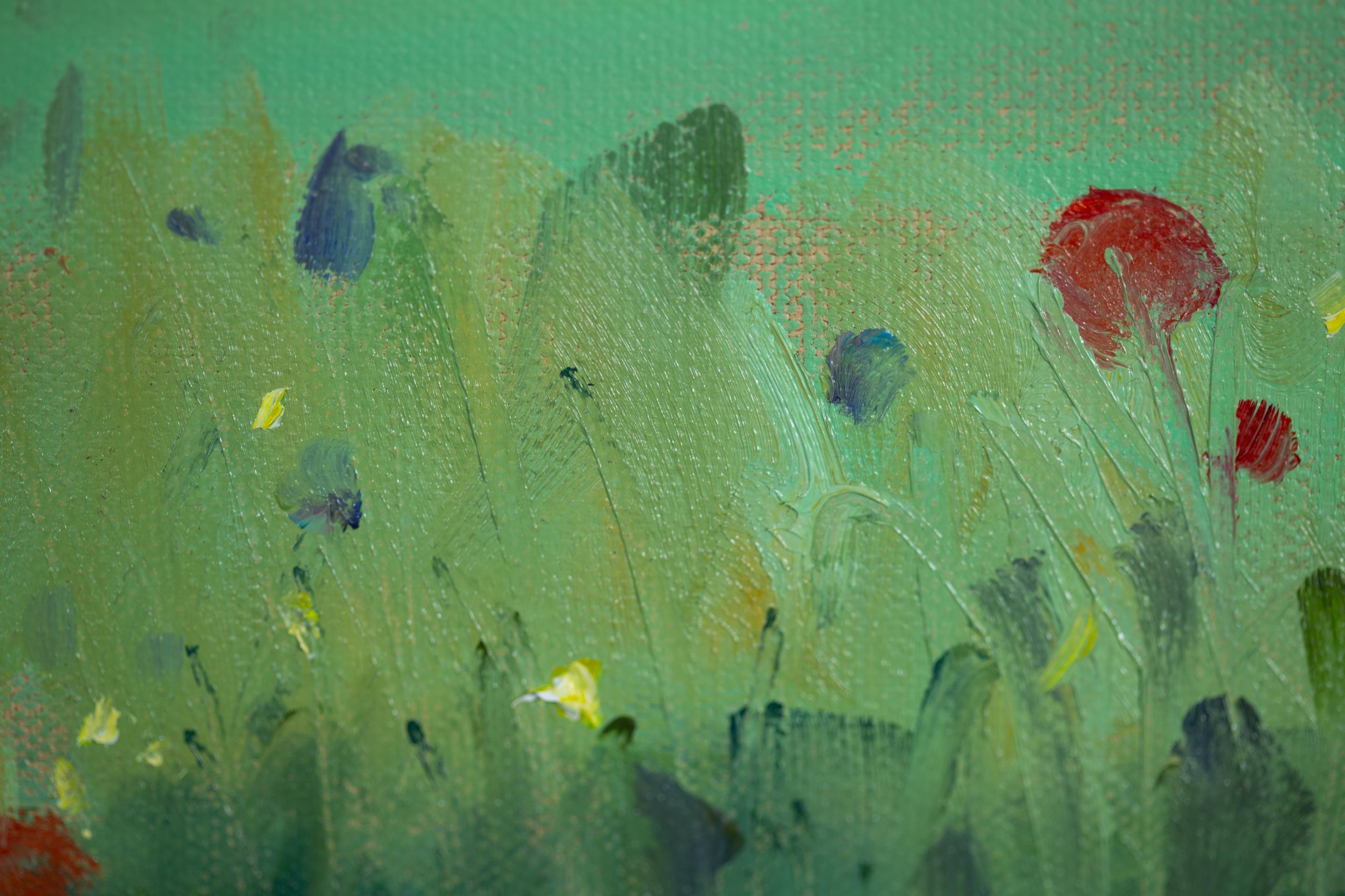 In this painting, the artist celebrates the idyll of an alpine summer in the small Swiss village of Grabs. The canvas is filled with light and transparency of the air: a field strewn with poppies stretches out before the viewer, against the backdrop