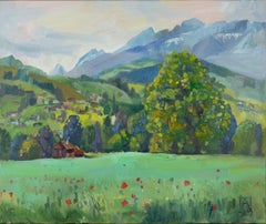 Summer in Grabs. Oil landscape painting, mountains, Switzerland, impressionism