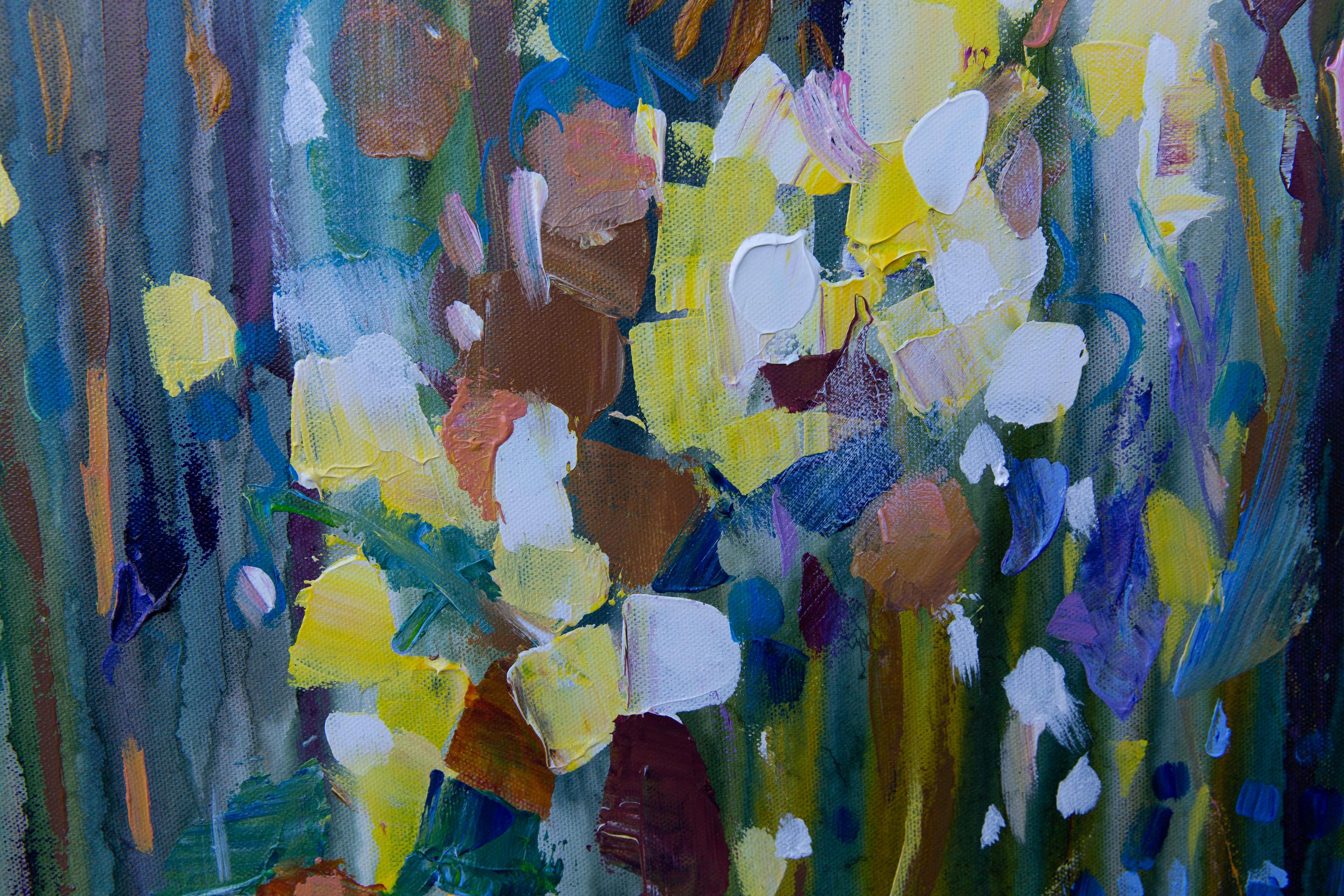 Summer Mood. Square, expressionism, semi-abstract, flowers, blue, interior For Sale 5