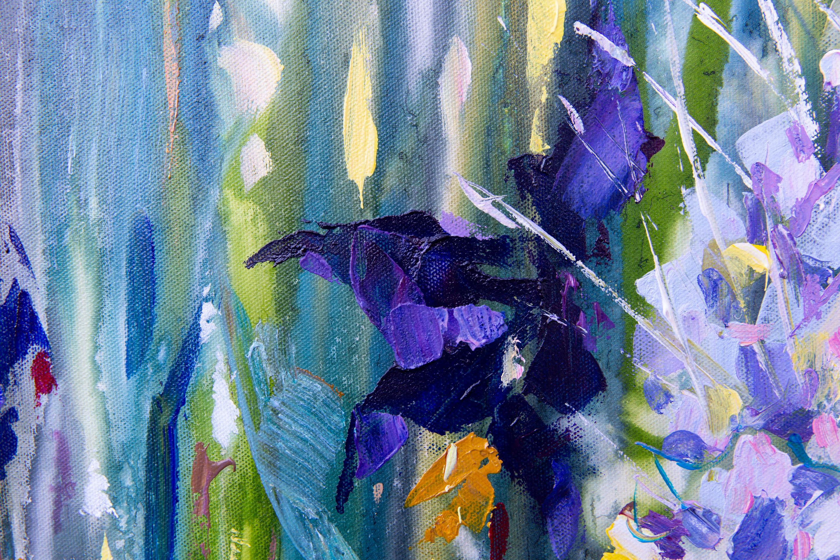 Summer Mood. Square, expressionism, semi-abstract, flowers, blue, interior For Sale 6