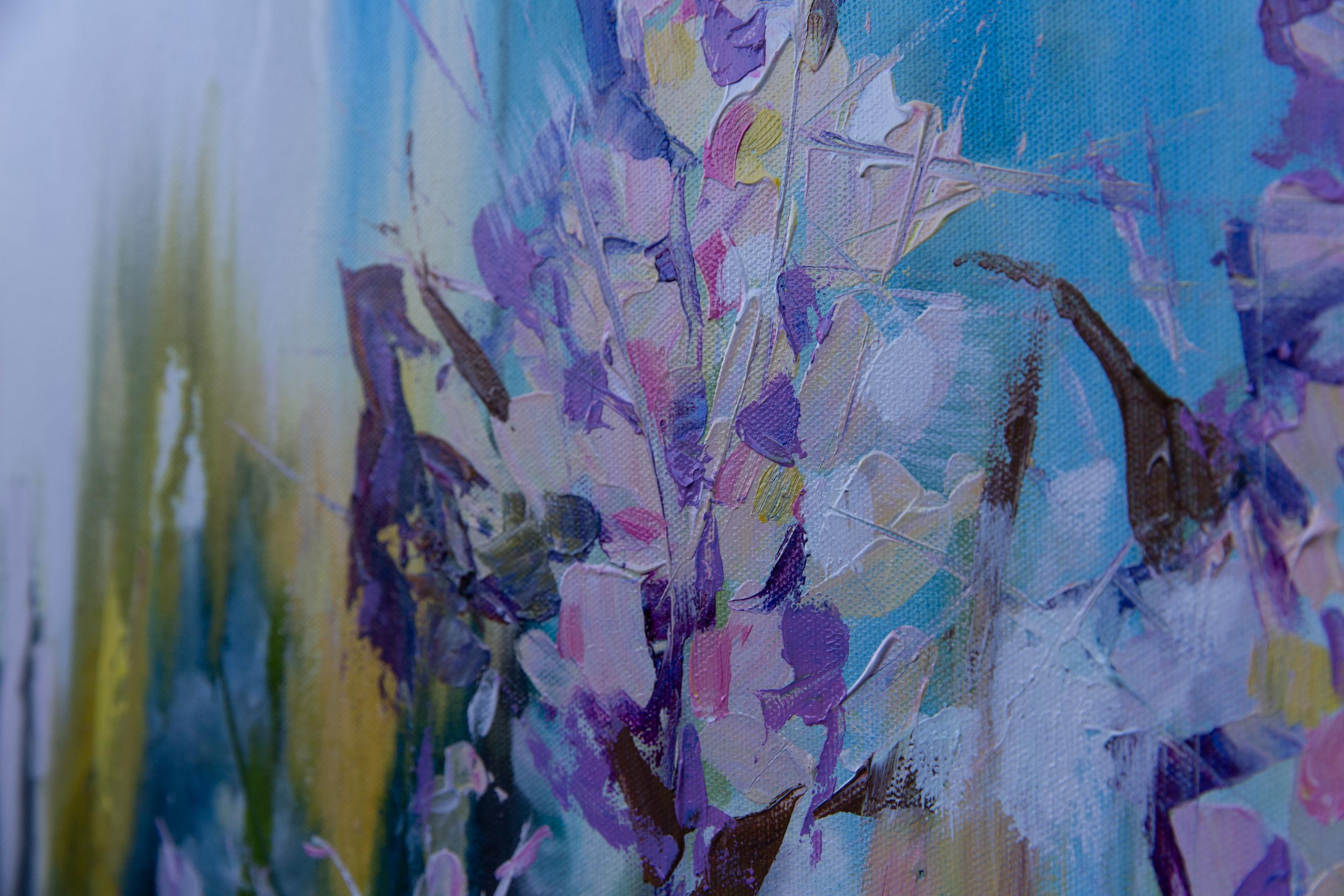 Summer Mood. Square, expressionism, semi-abstract, flowers, blue, interior For Sale 9