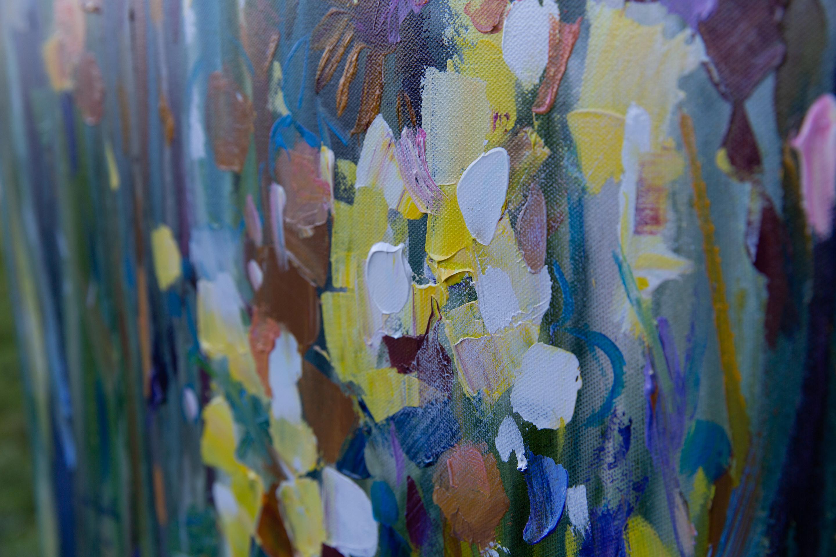 Summer Mood. Square, expressionism, semi-abstract, flowers, blue, interior For Sale 10