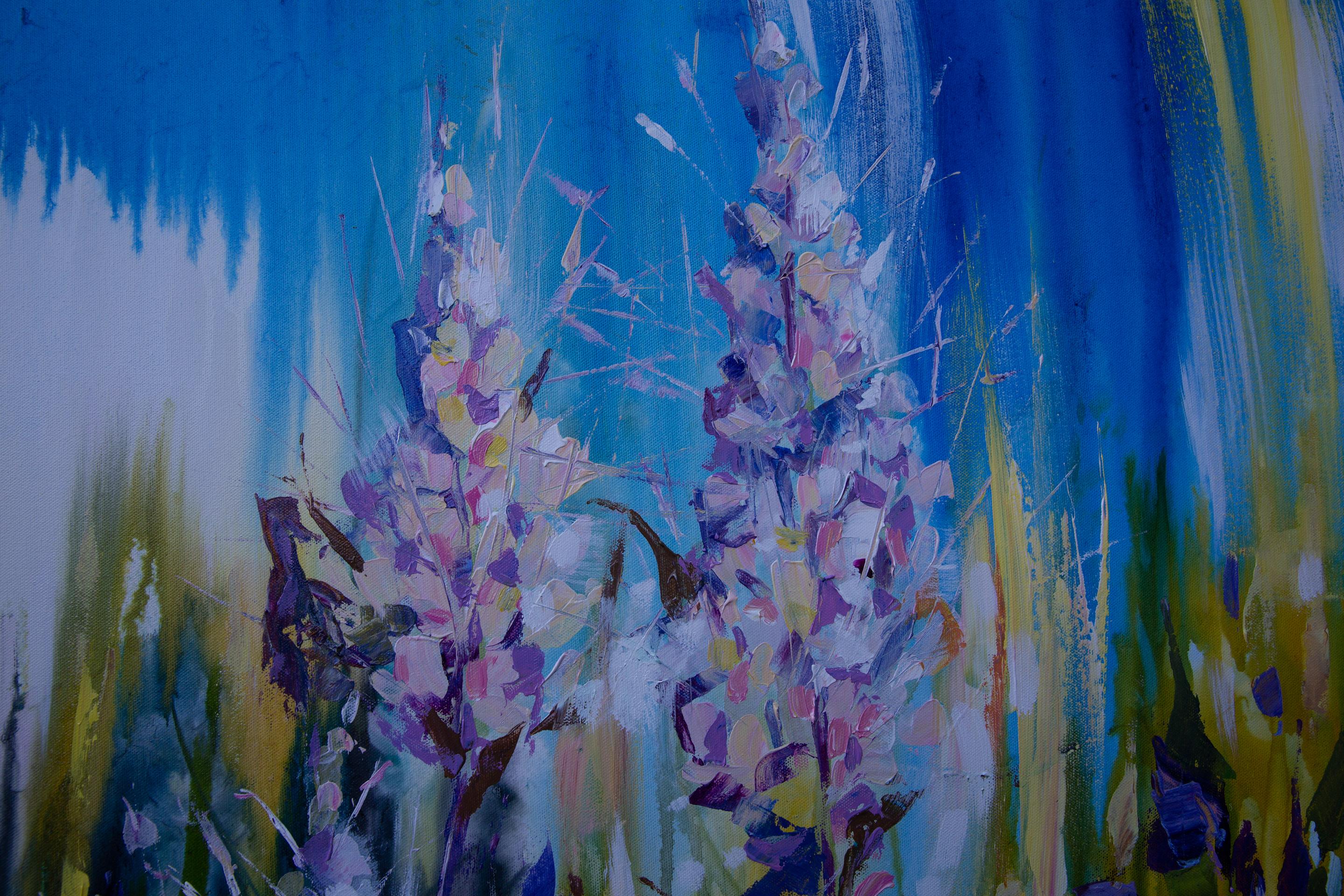 Summer Mood. Square, expressionism, semi-abstract, flowers, blue, interior For Sale 1