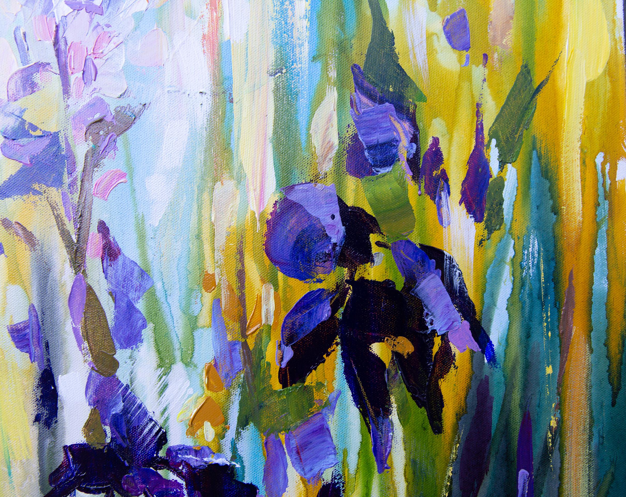 Summer Mood. Square, expressionism, semi-abstract, flowers, blue, interior For Sale 2