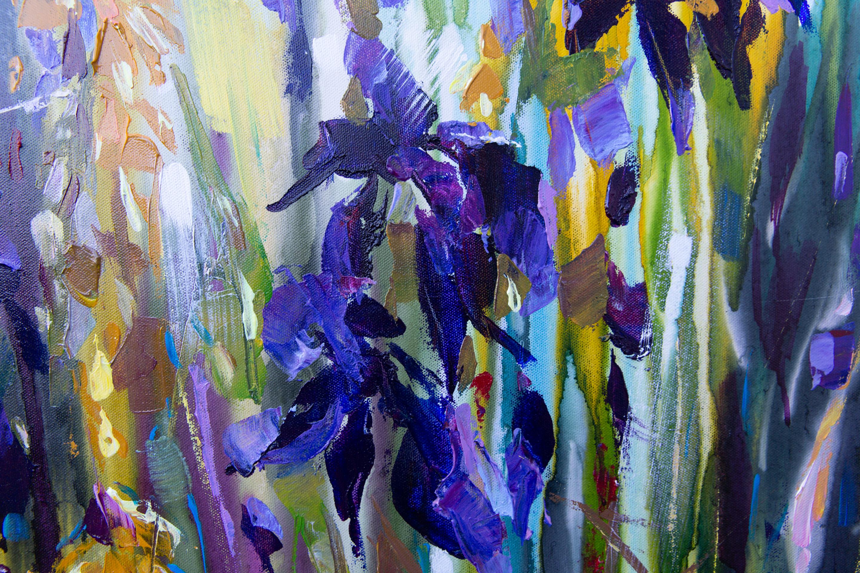 Summer Mood. Square, expressionism, semi-abstract, flowers, blue, interior For Sale 3