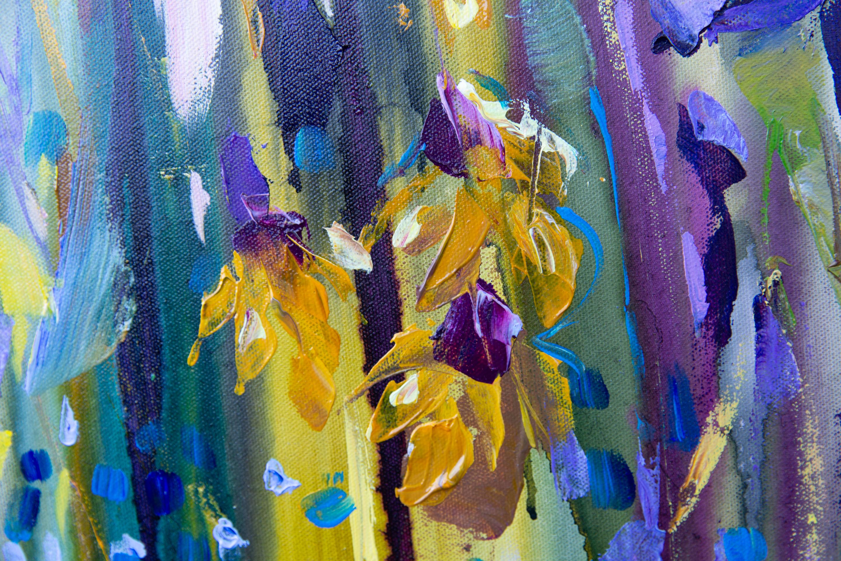 Summer Mood. Square, expressionism, semi-abstract, flowers, blue, interior For Sale 4