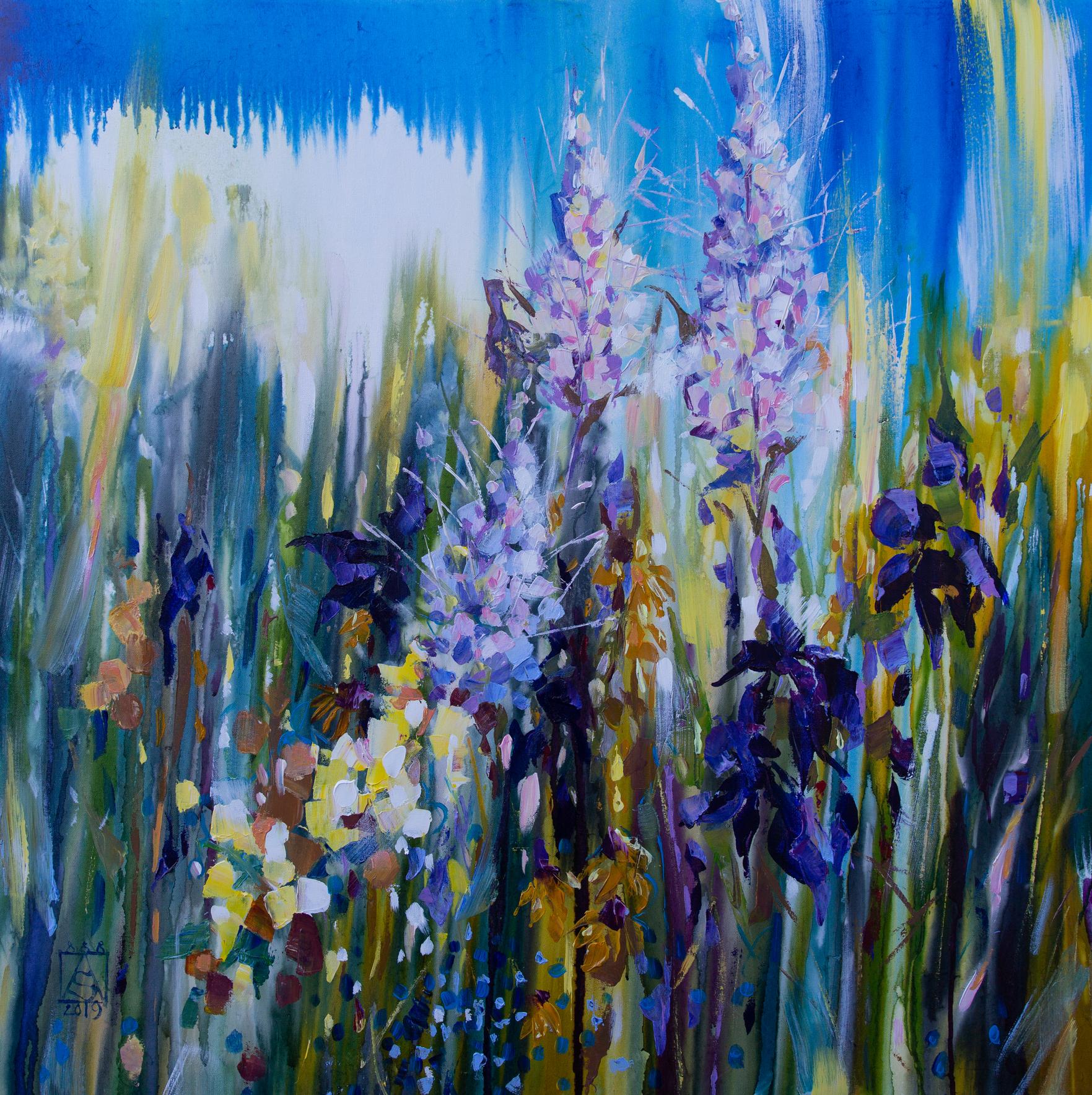 Anna Shesterikova Abstract Painting - Summer Mood. Square, expressionism, semi-abstract, flowers, blue, interior