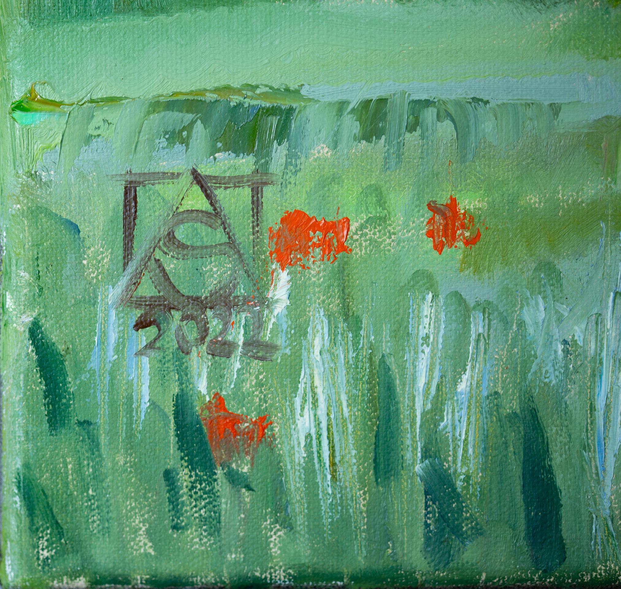 Sommerstille. Horizontal, Berge, Schweiz, Mohnblumen, Blumen (Blau), Landscape Painting, von Anna Shesterikova