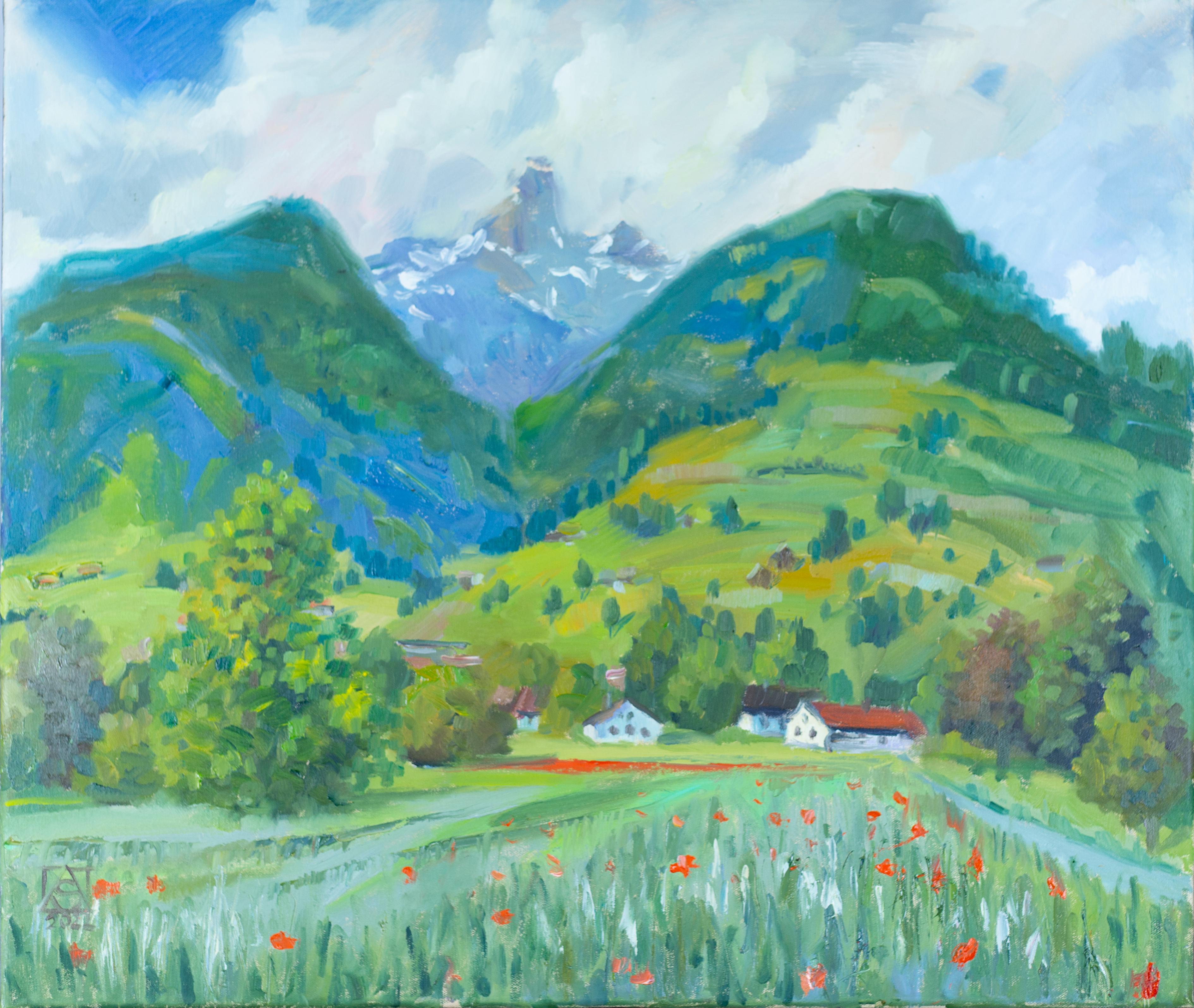 Summer Silence. Horizontal, mountains, Switzerland, poppies, flowers