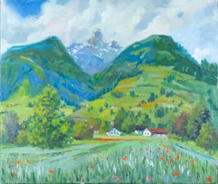 Summer Silence. Horizontal, mountains, Switzerland, poppies, flowers