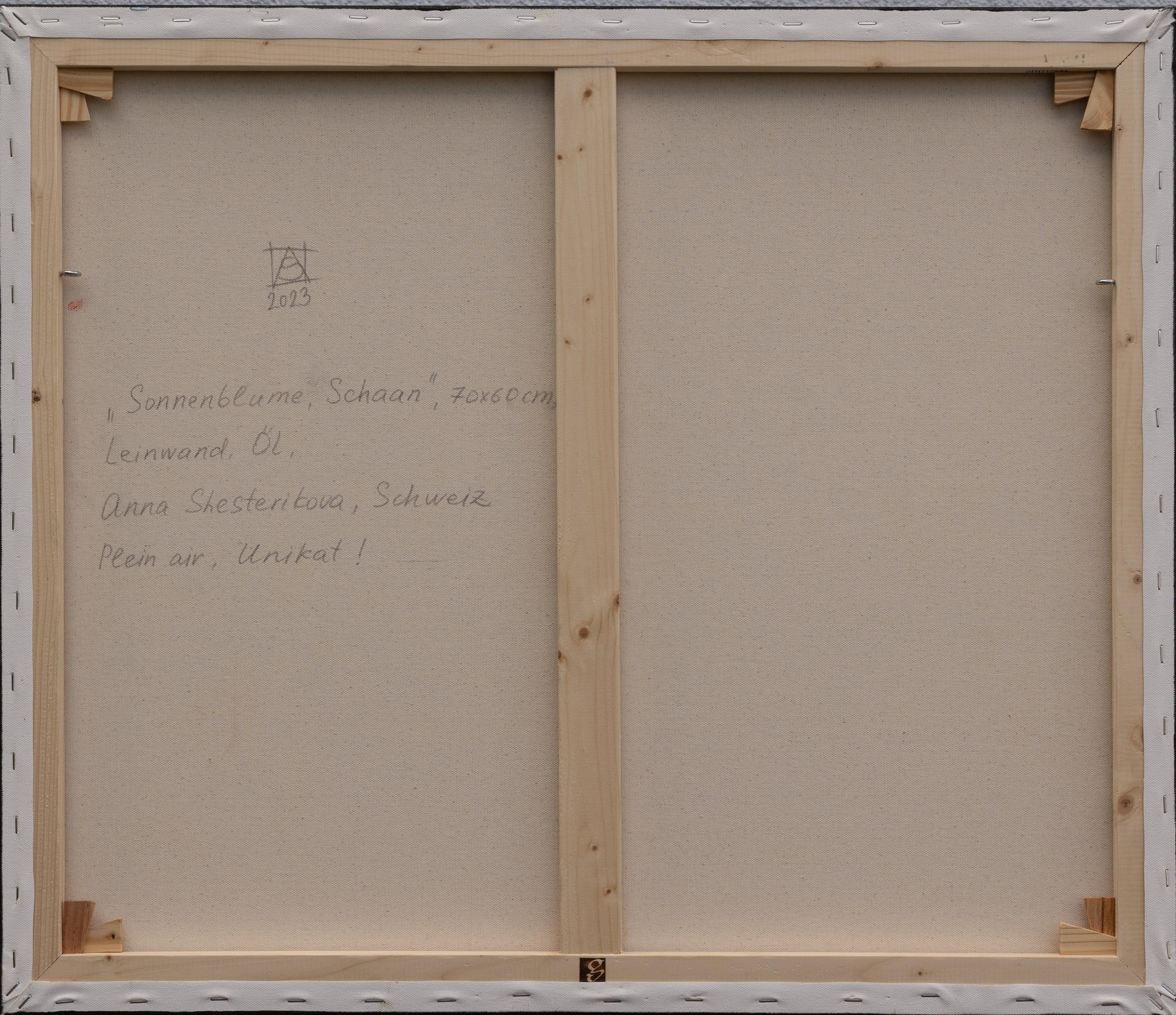 Sonnenblumen, Schaan. Herbst, Landschaft, Öl, Impressionismus, Blumen, Berge. (Post-Impressionismus), Painting, von Anna Shesterikova