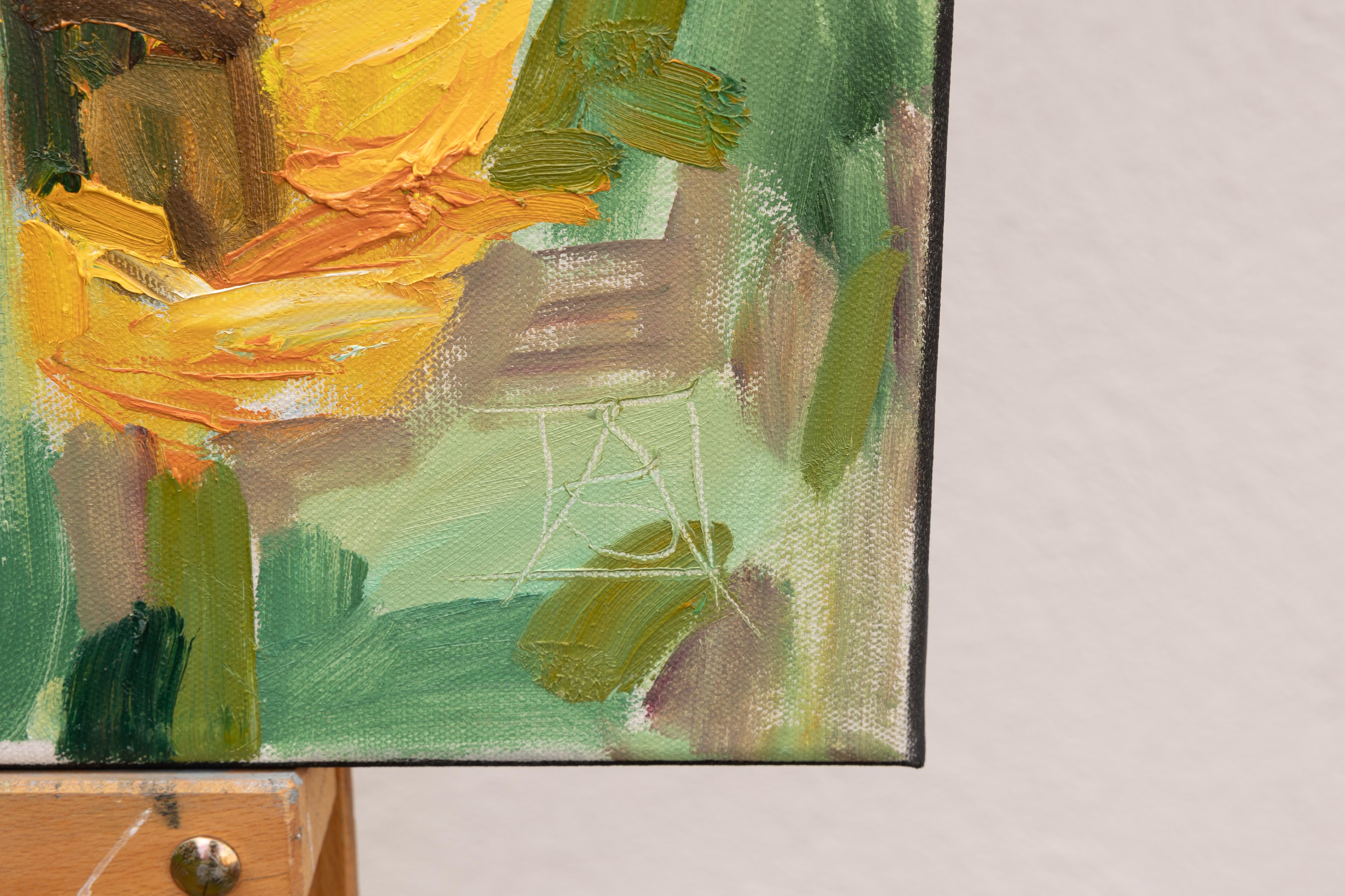 Sonnenblumen, Schaan. Herbst, Landschaft, Öl, Impressionismus, Blumen, Berge. (Braun), Landscape Painting, von Anna Shesterikova