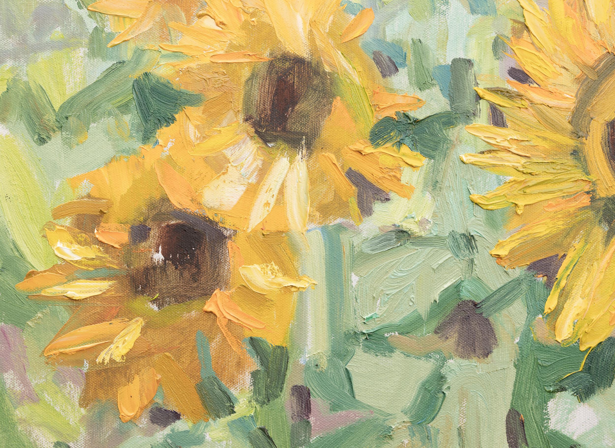 Gelbe, zottelige Sonnenblumen sind ein Symbol für die warme Sonne, den Sommer und die Schönheit der Welt! Dieses Gemälde vermittelt dem Betrachter Harmonie und lädt gleichzeitig mit Energie und Optimismus auf. Bei einem solchen Bild besteht während