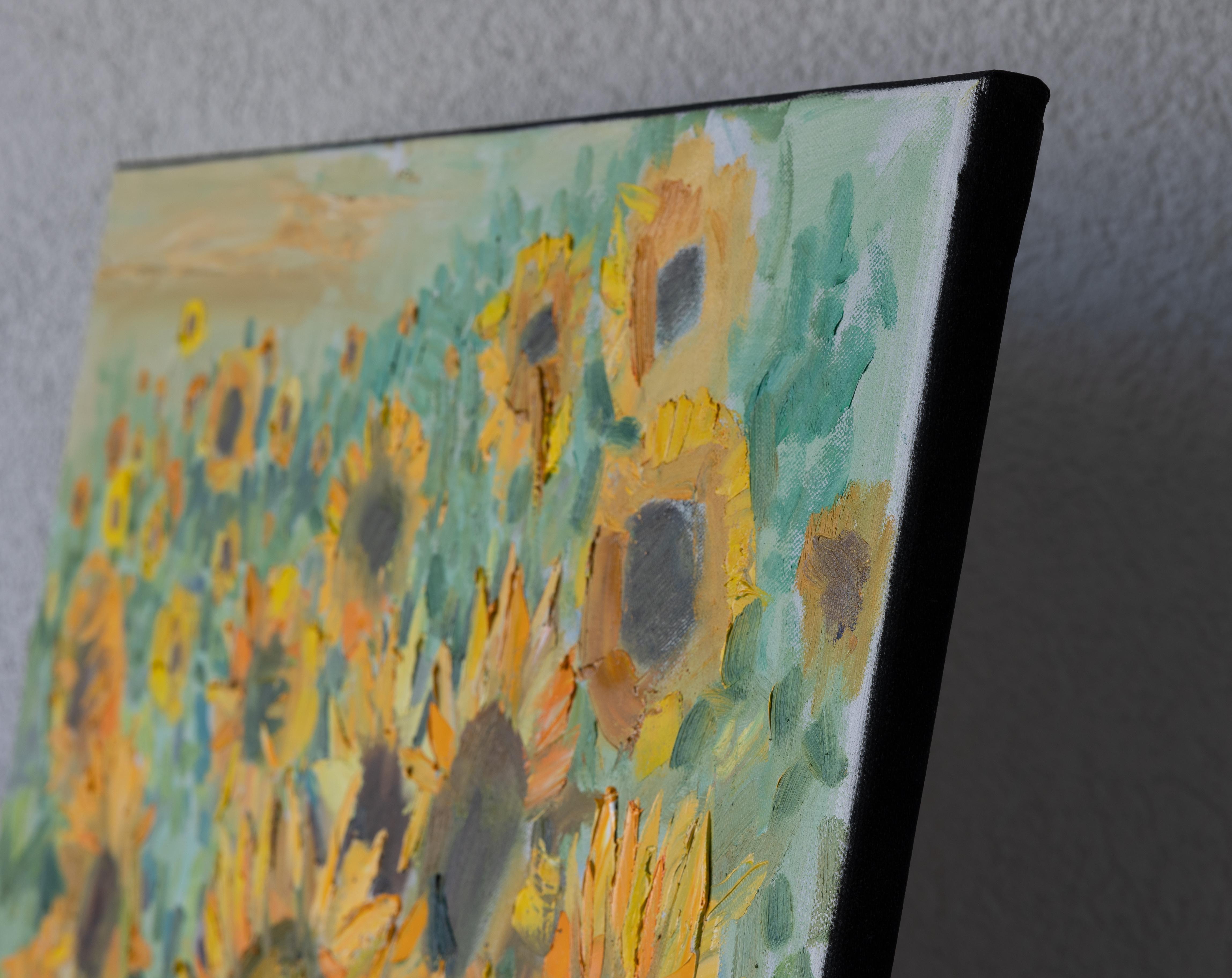 Sunflowers, Schaan. Horizontal landscape, impressionism, flowers, mountains. - Painting by Anna Shesterikova