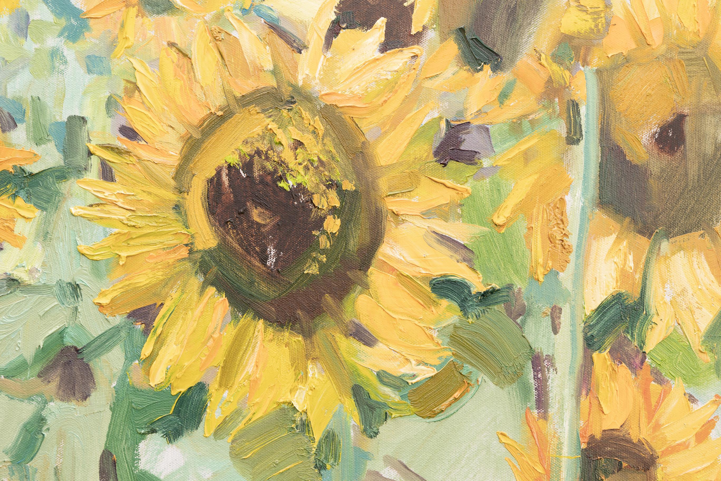 Sunflowers, Schaan. Horizontal landscape, impressionism, flowers, mountains. For Sale 1