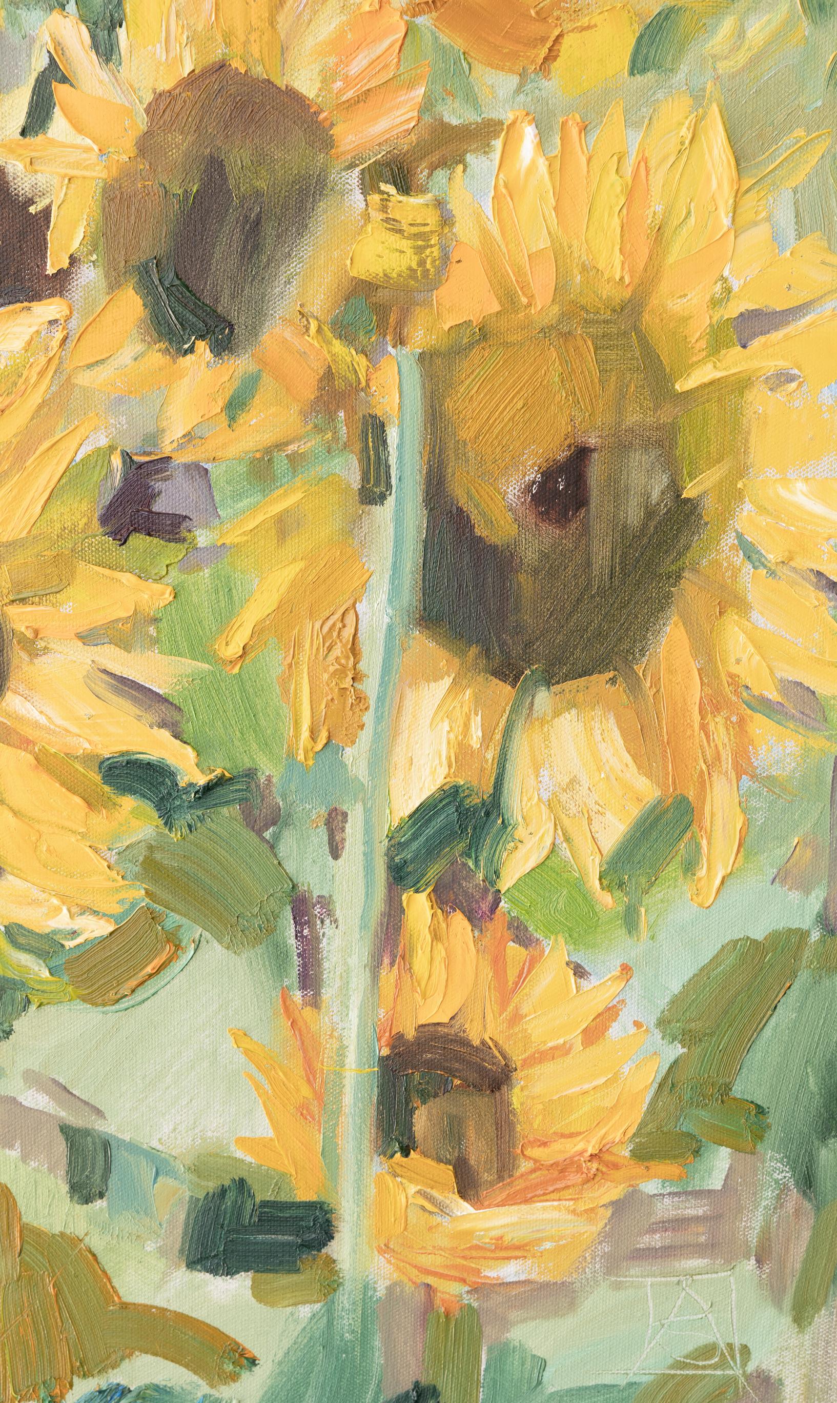 Sunflowers, Schaan. Horizontal landscape, impressionism, flowers, mountains. For Sale 2
