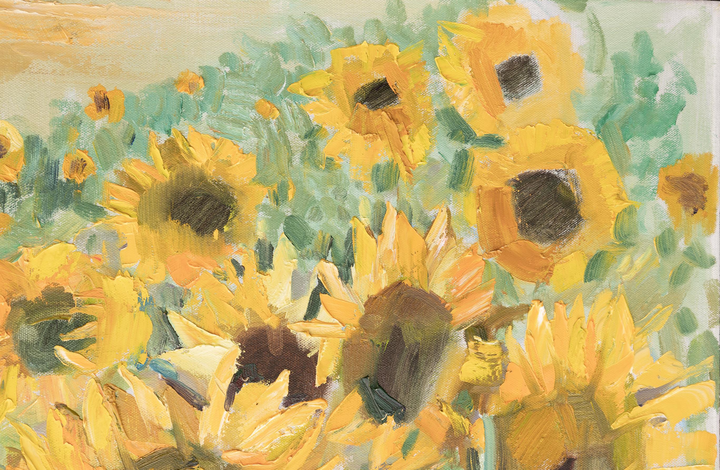 Sunflowers, Schaan. Horizontal landscape, impressionism, flowers, mountains. For Sale 3