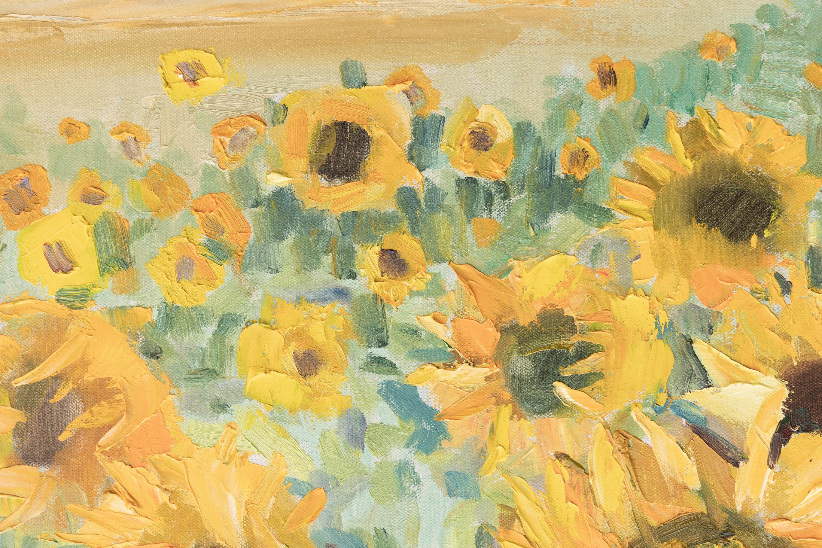 Sunflowers, Schaan. Horizontal landscape, impressionism, flowers, mountains. For Sale 4