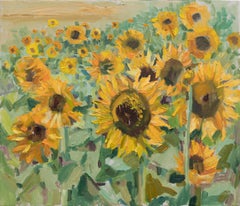 Sunflowers, Schaan. Horizontal landscape, impressionism, flowers, mountains.