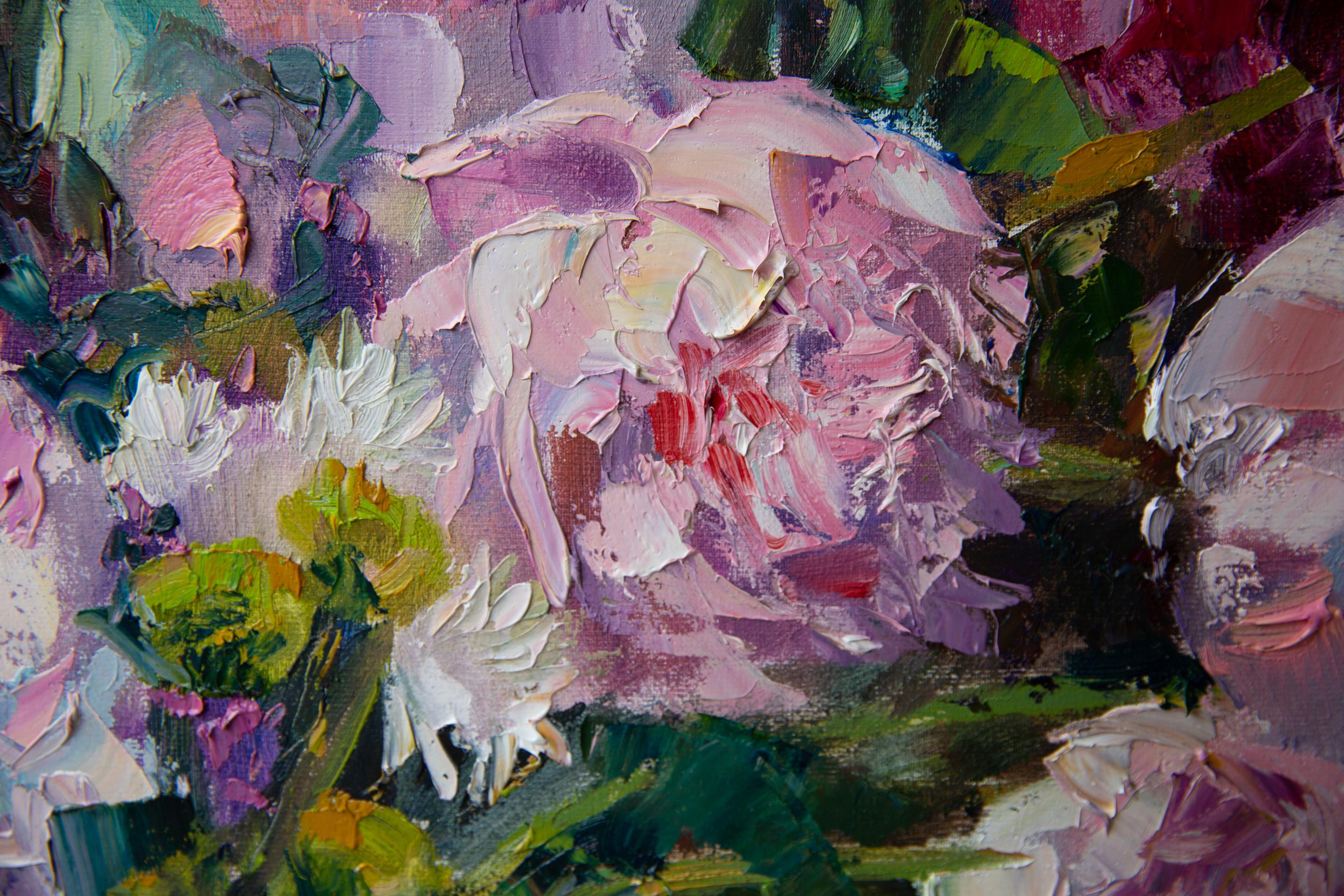 Journée ensoleillée dans mon jardin. Nature morte aux fleurs, peinture expressive, horizontale en vente 5