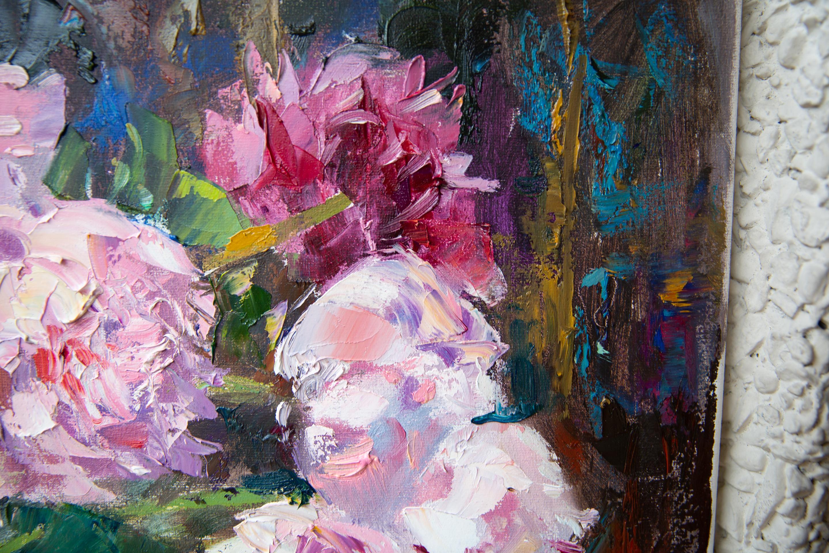Journée ensoleillée dans mon jardin. Nature morte aux fleurs, peinture expressive, horizontale en vente 6