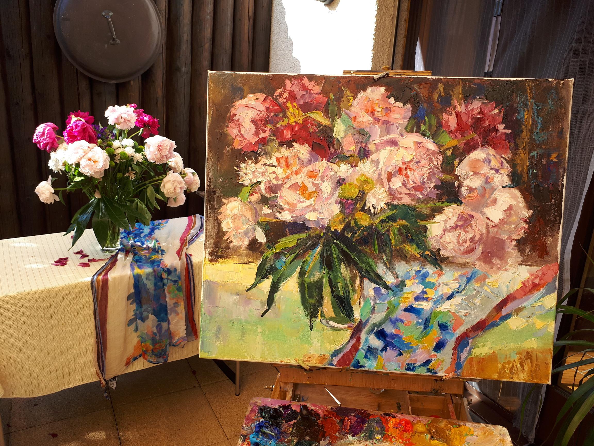 Journée ensoleillée dans mon jardin. Nature morte aux fleurs, peinture expressive, horizontale en vente 7
