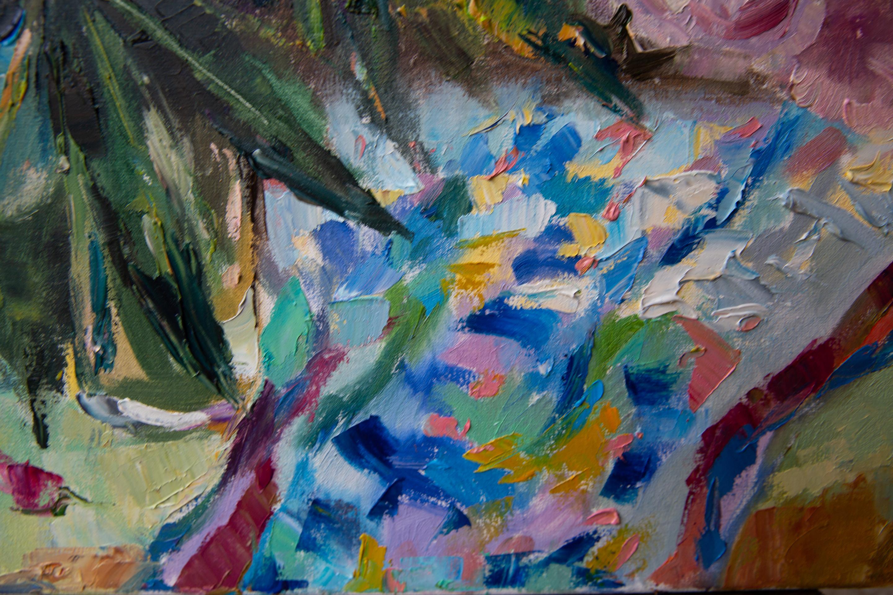 Journée ensoleillée dans mon jardin. Nature morte aux fleurs, peinture expressive, horizontale en vente 1