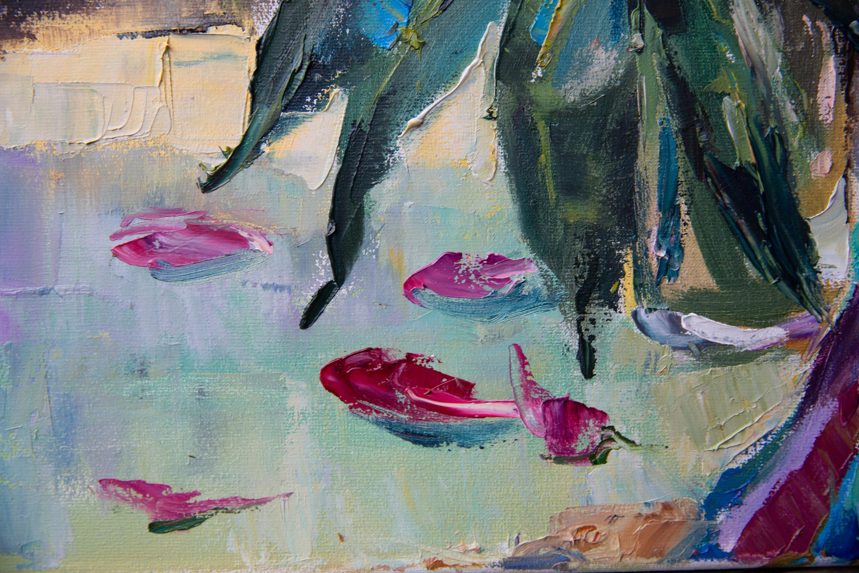 Journée ensoleillée dans mon jardin. Nature morte aux fleurs, peinture expressive, horizontale en vente 2