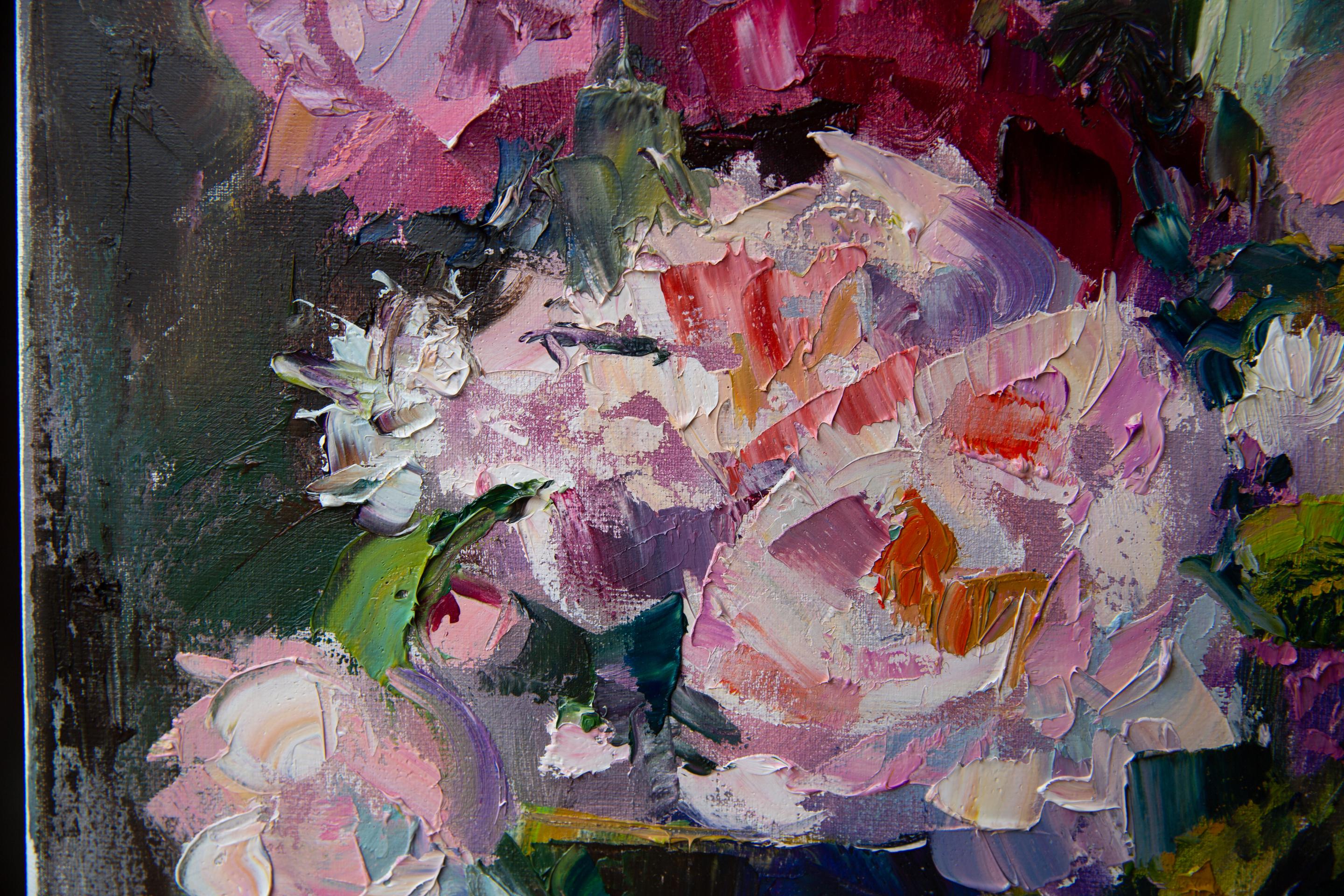 Journée ensoleillée dans mon jardin. Nature morte aux fleurs, peinture expressive, horizontale en vente 3