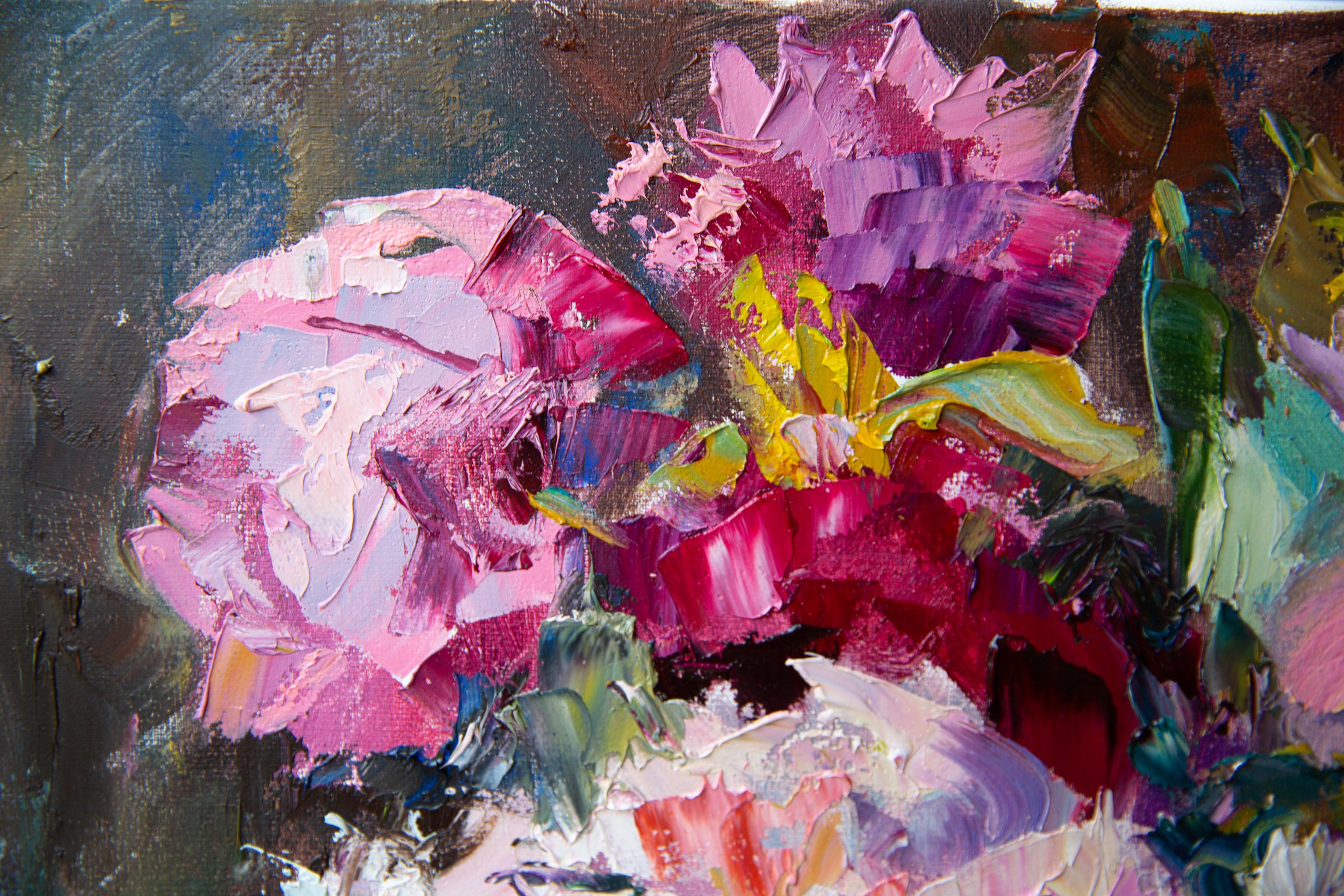 Journée ensoleillée dans mon jardin. Nature morte aux fleurs, peinture expressive, horizontale en vente 4