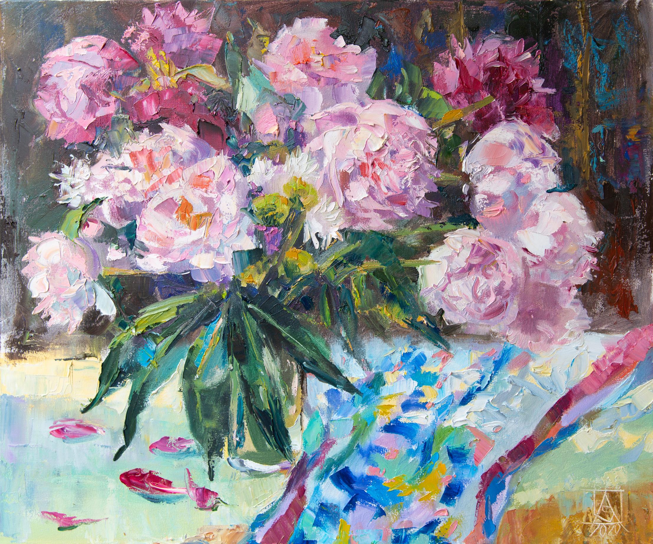 Sunny Day In My Garden. Flower still life, oil, horizontal, impressionism