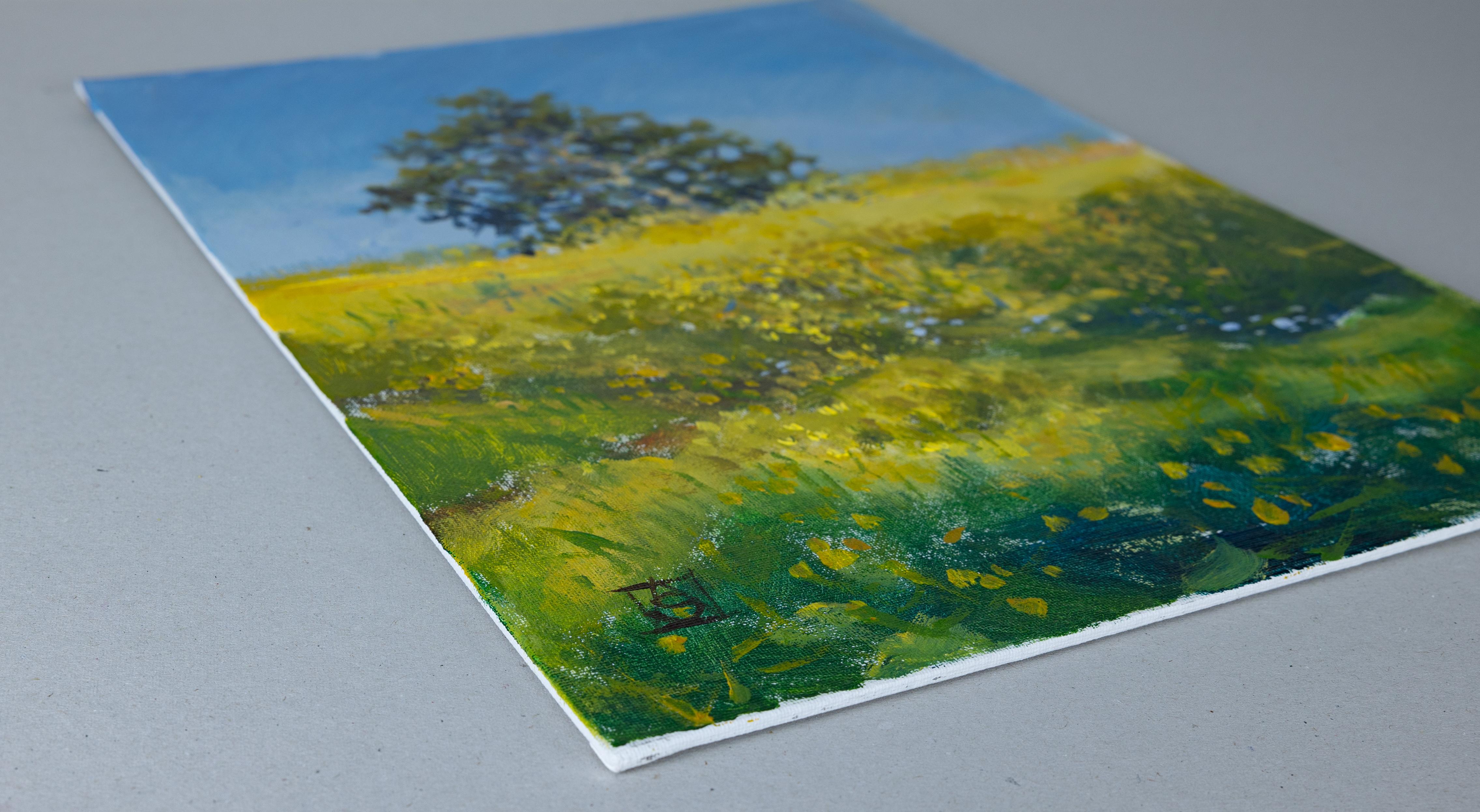 Sunny Day. Landscape acrylic. Yellow flowers, tree. California. Impressionism. - Painting by Anna Shesterikova