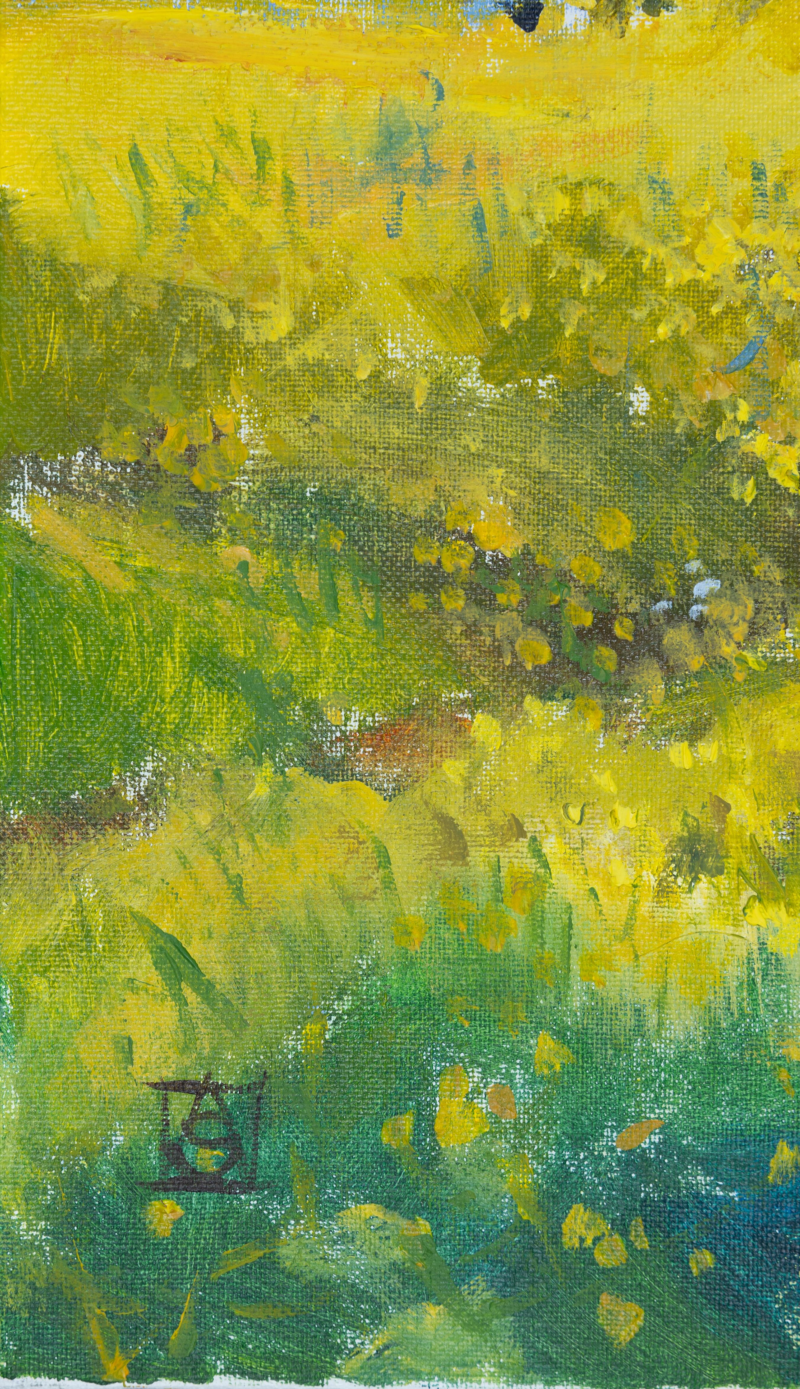Sunny Day. Landscape acrylic. Yellow flowers, tree. California. Impressionism. - Post-Impressionist Painting by Anna Shesterikova