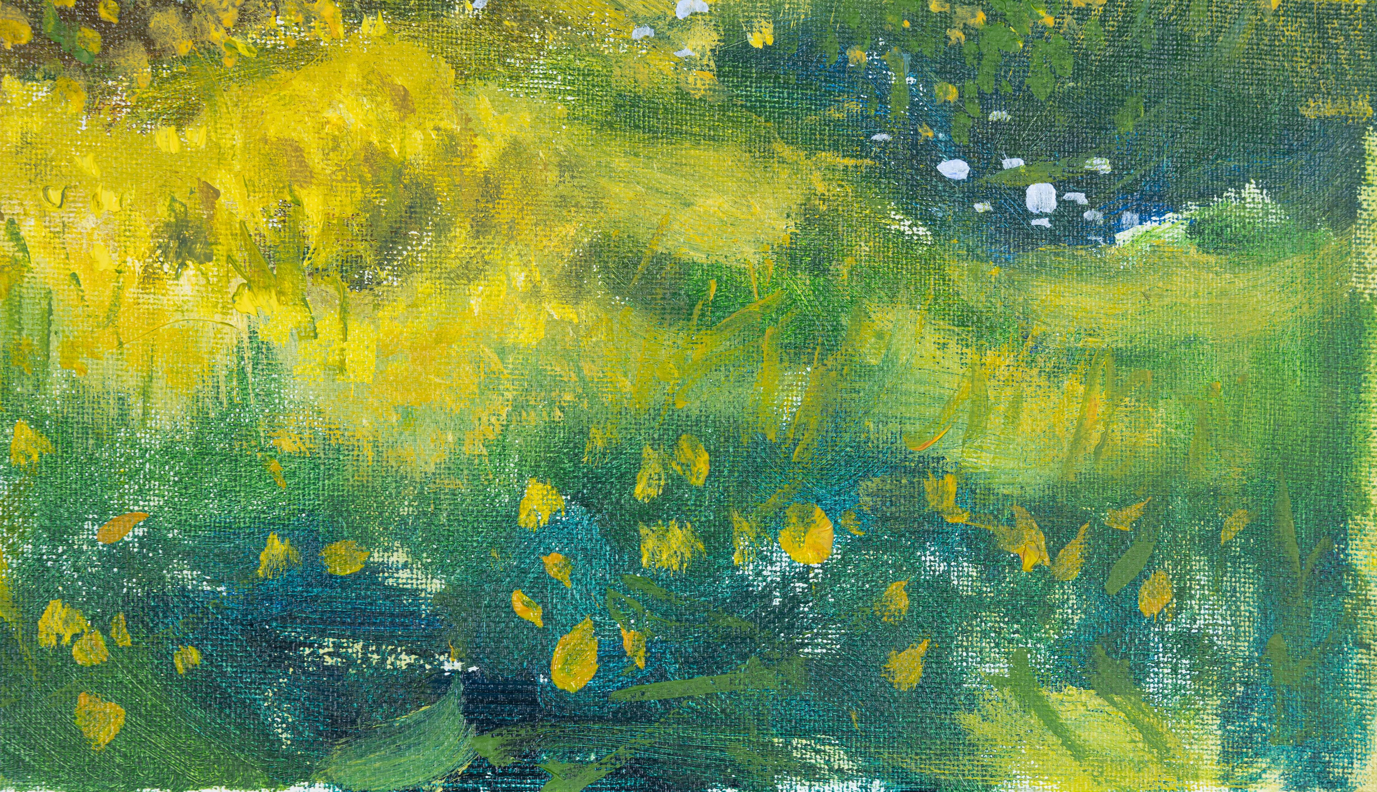 Giornata di sole. Paesaggio acrilico. Fiori gialli, albero. California. Impressionismo. - Landscape Painting Giallo di Anna Shesterikova