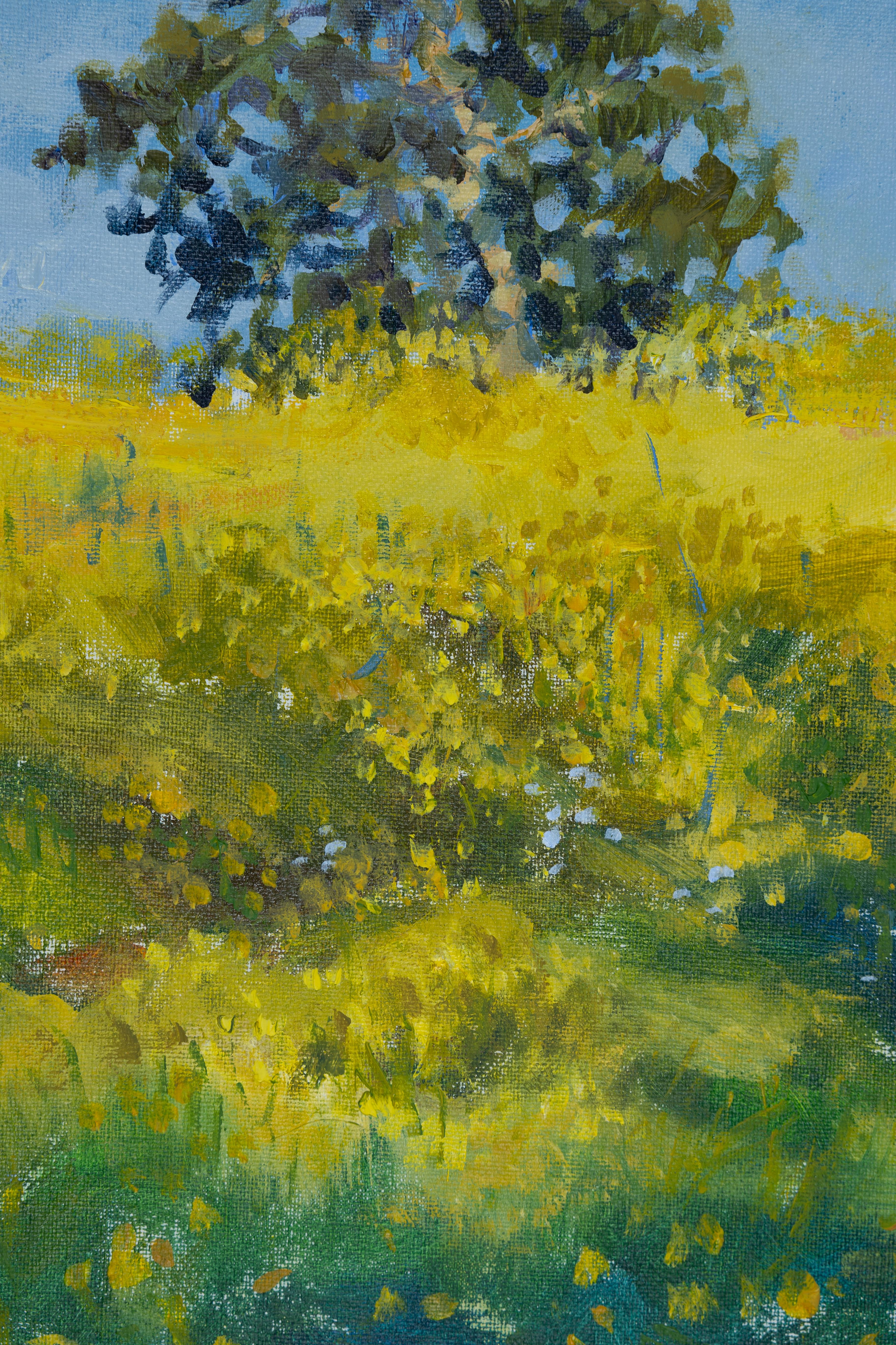 Sunny Day. Landscape acrylic. Yellow flowers, tree. California. Impressionism. For Sale 3