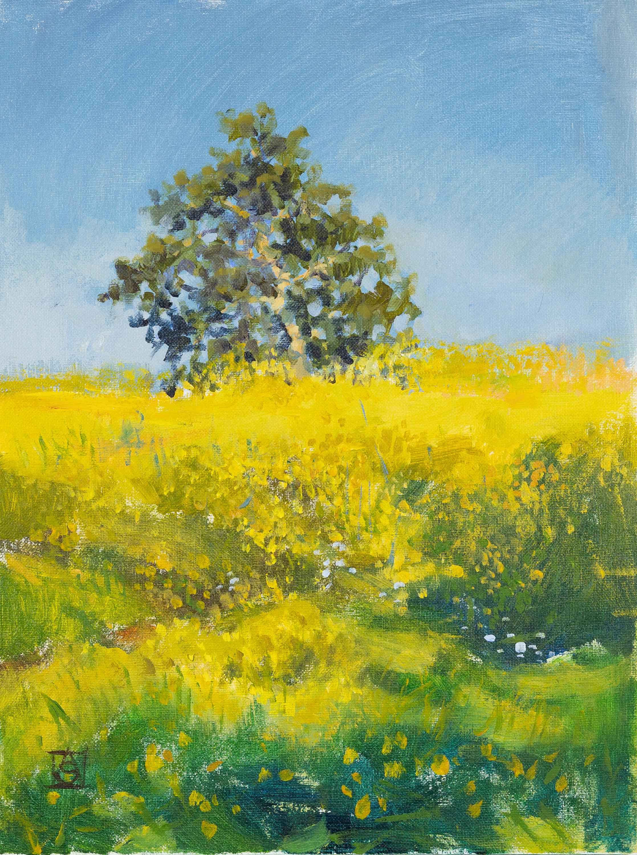Anna Shesterikova Landscape Painting - Sunny Day. Landscape acrylic. Yellow flowers, tree. California. Impressionism.