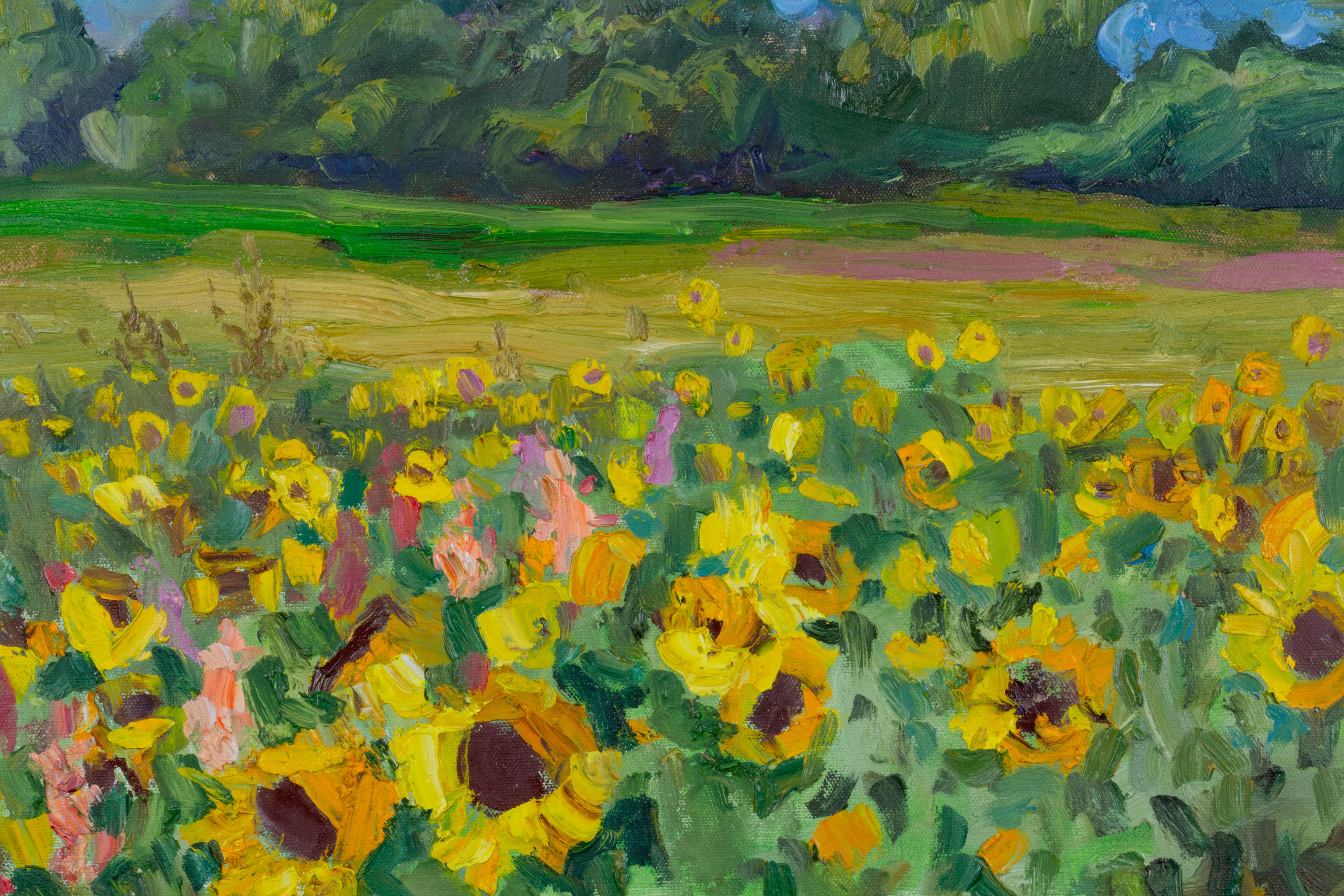 Sunny Joy. Landscape oil painting with flowers, mountains. Impressionism For Sale 6