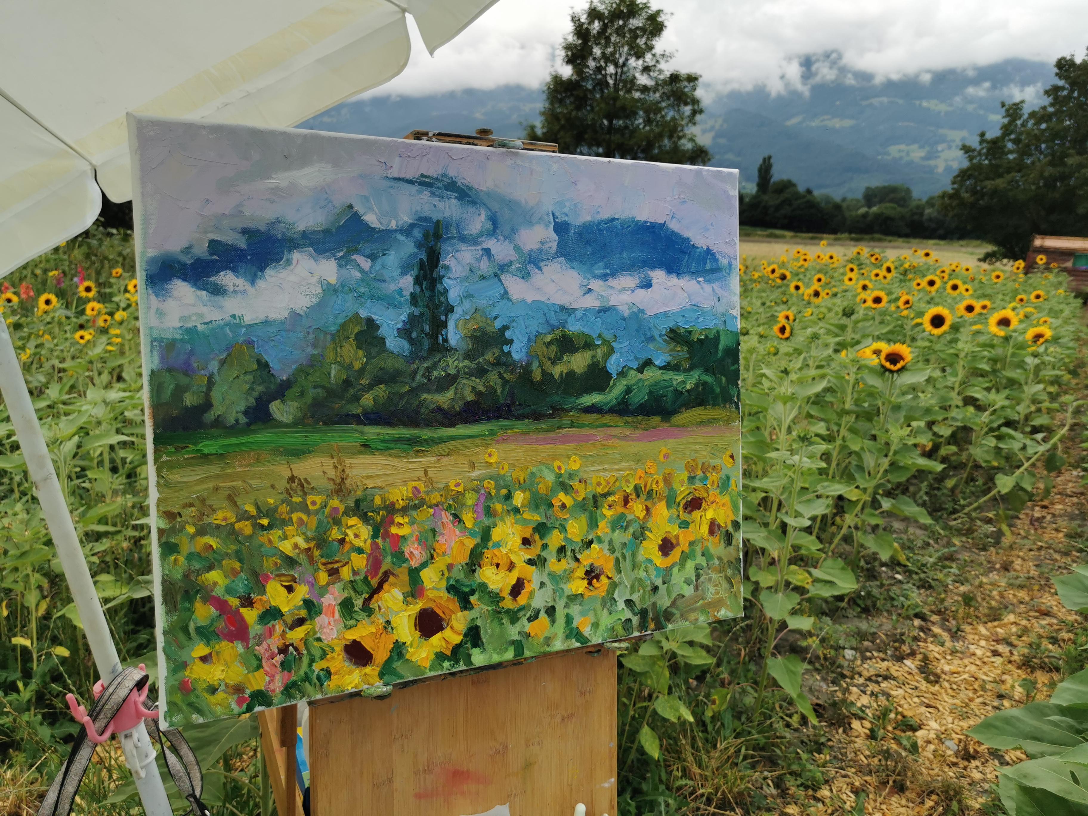 Sunny Joy. Landscape oil painting with flowers, mountains. Impressionism For Sale 12