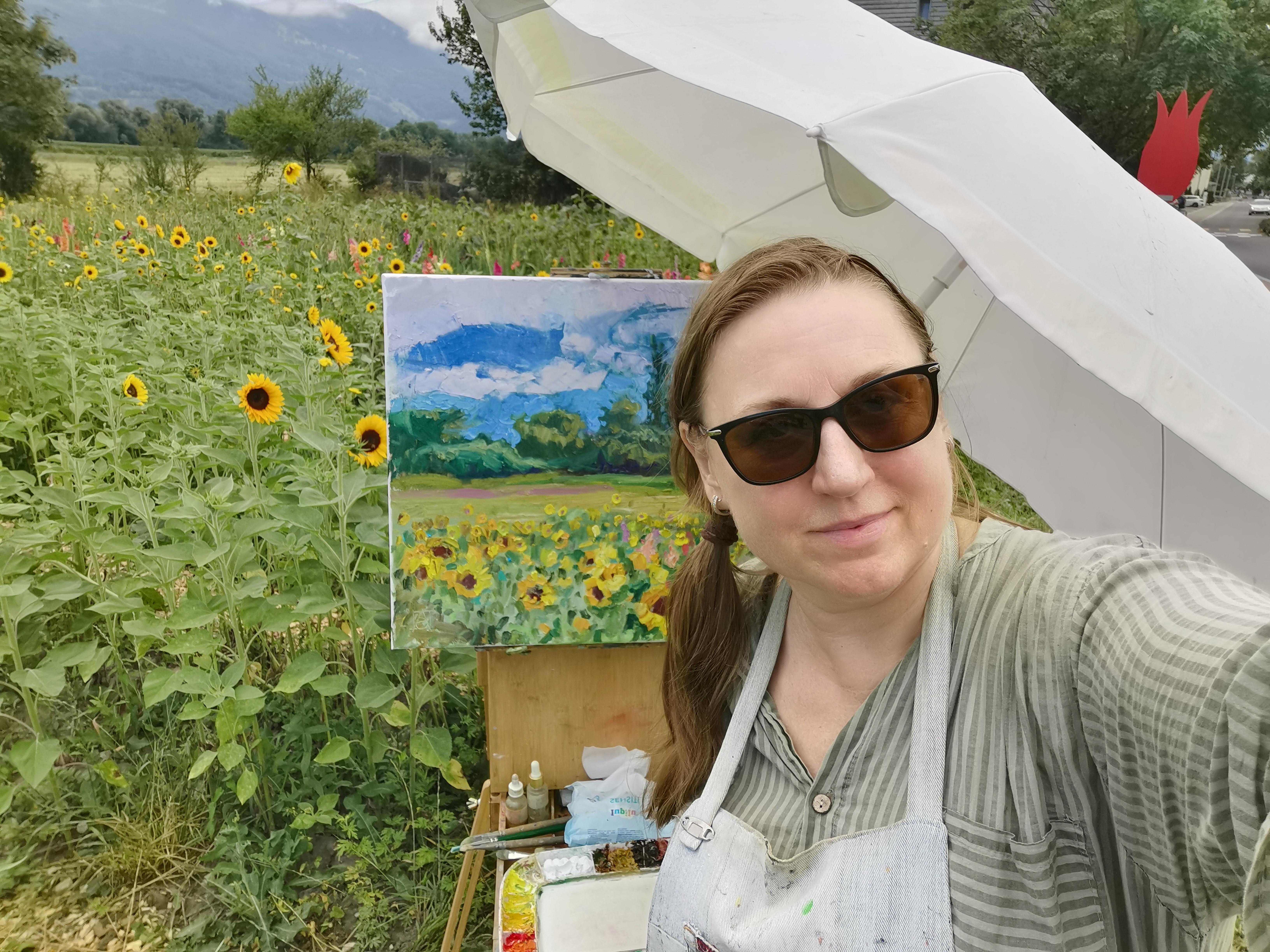 Sunny Joy. Landscape oil painting with flowers, mountains. Impressionism For Sale 13