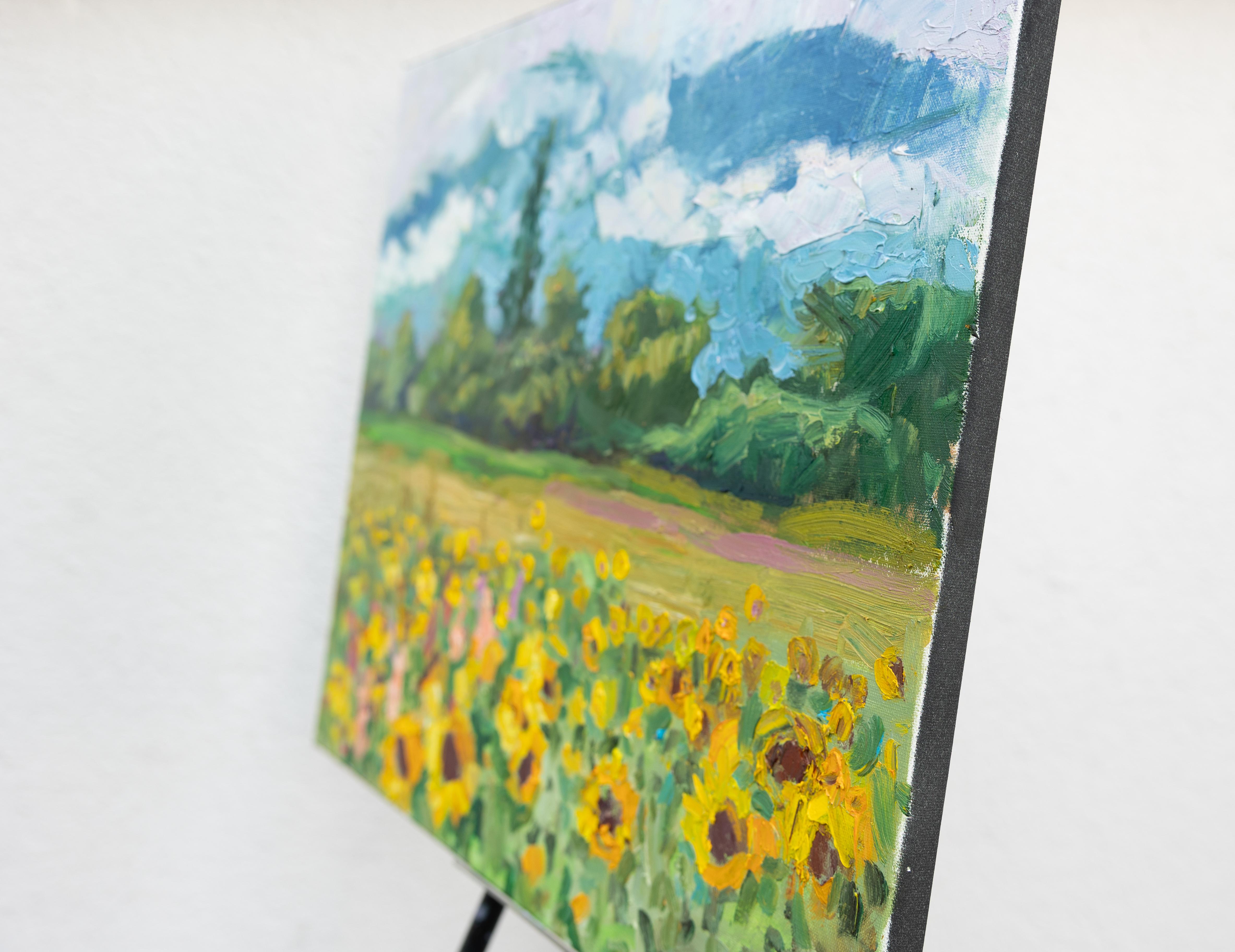 Sunny Joy. Landscape oil painting with flowers, mountains. Impressionism - Painting by Anna Shesterikova