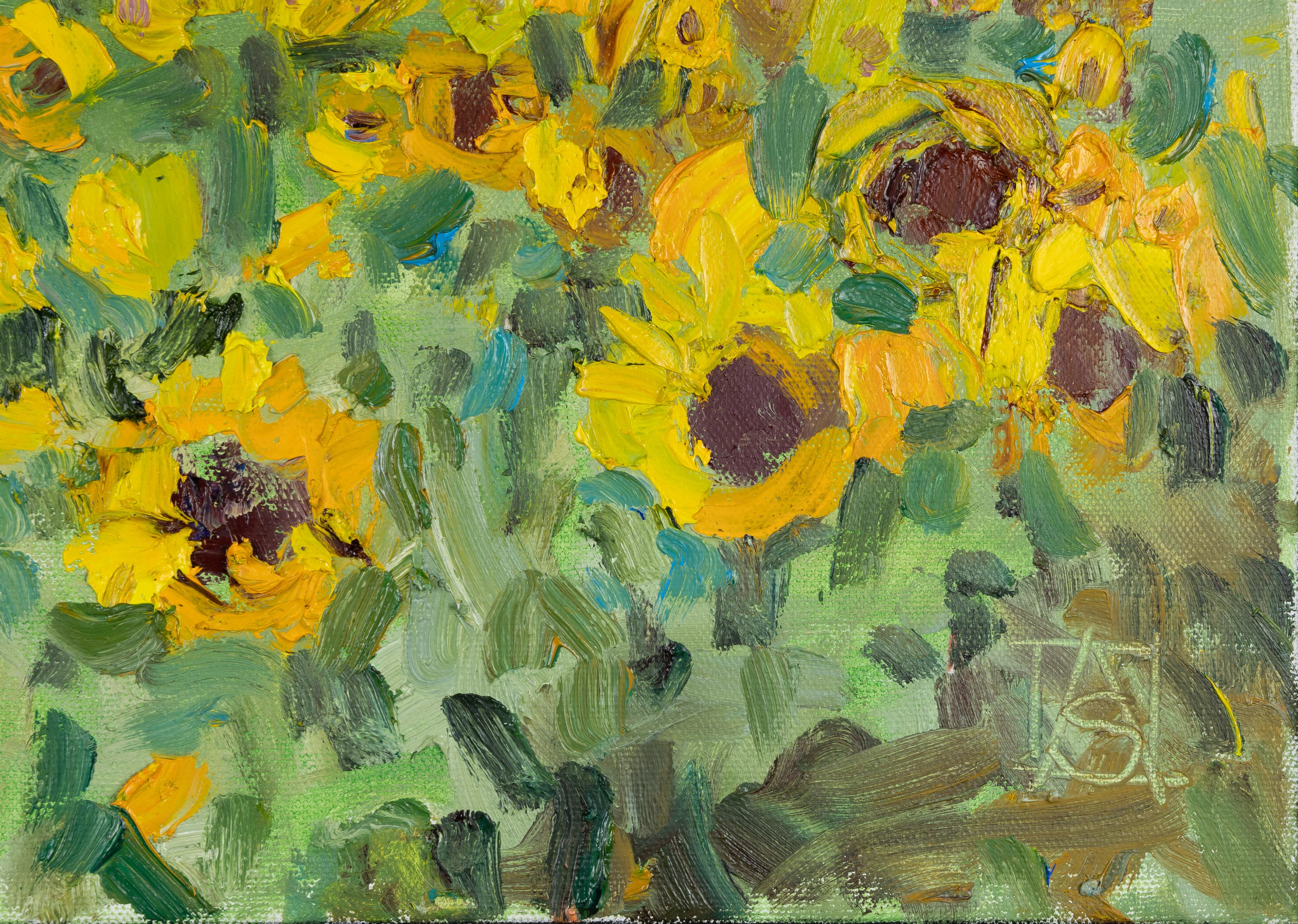 Sunny Joy. Landscape oil painting with flowers, mountains. Impressionism - Beige Landscape Painting by Anna Shesterikova