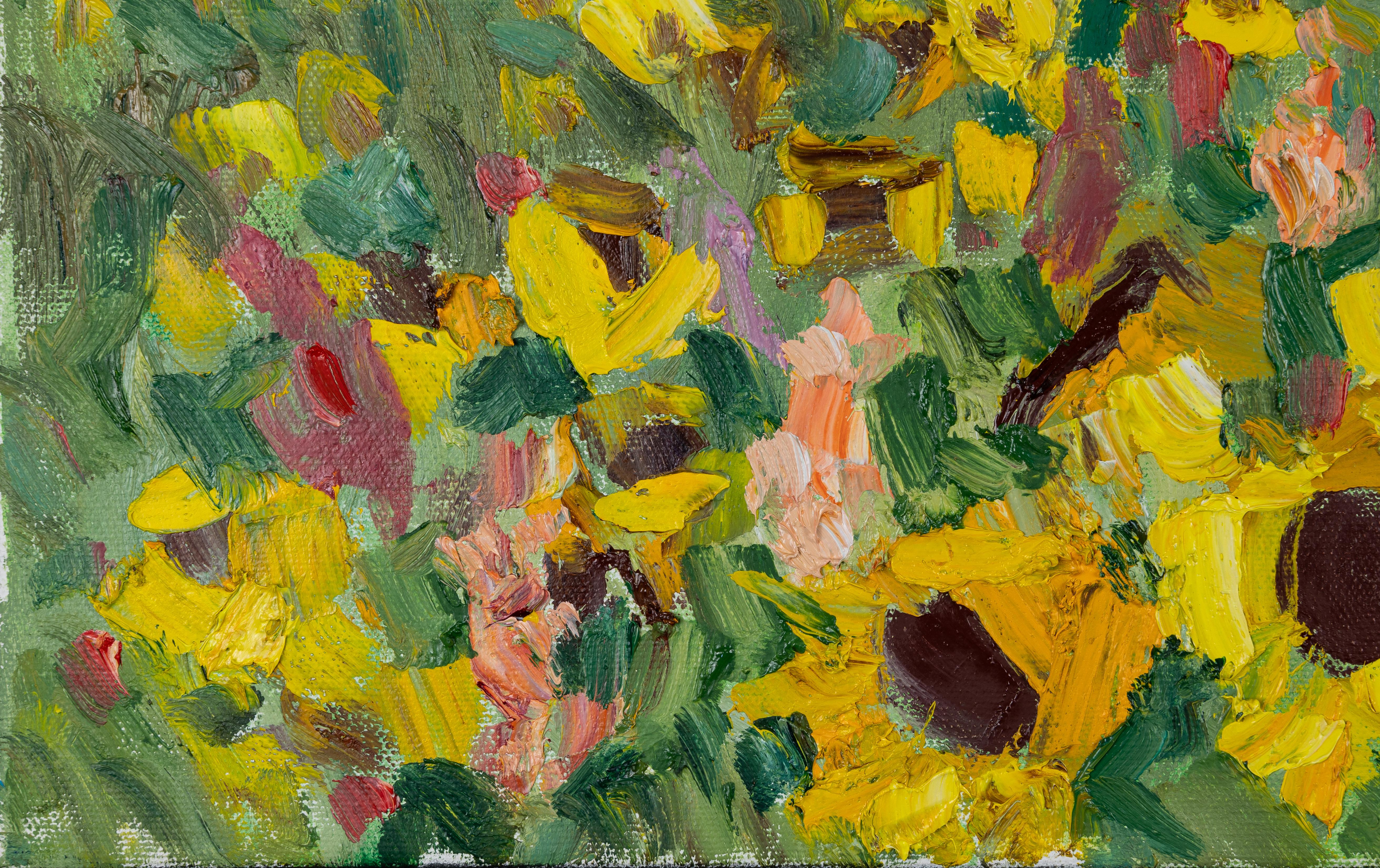 This plein air painting sketch was created in Liechtenstein. Sunflowers stretch their shaggy heads towards the sun and move their yellow petals like fingers.

In the background you can see the Alps, this is Switzerland. A light breeze raises a line