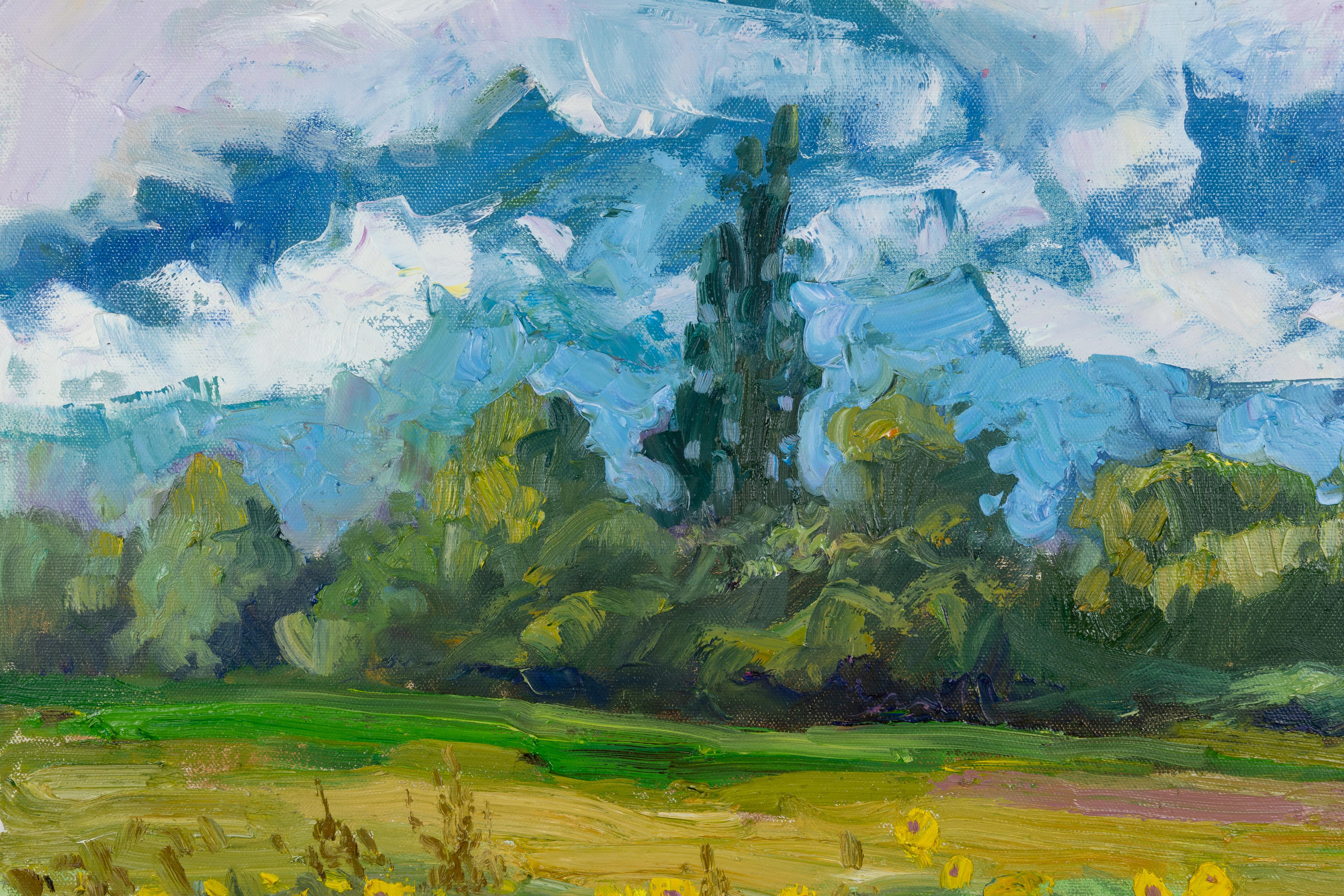 Sunny Joy. Landscape oil painting with flowers, mountains. Impressionism For Sale 2