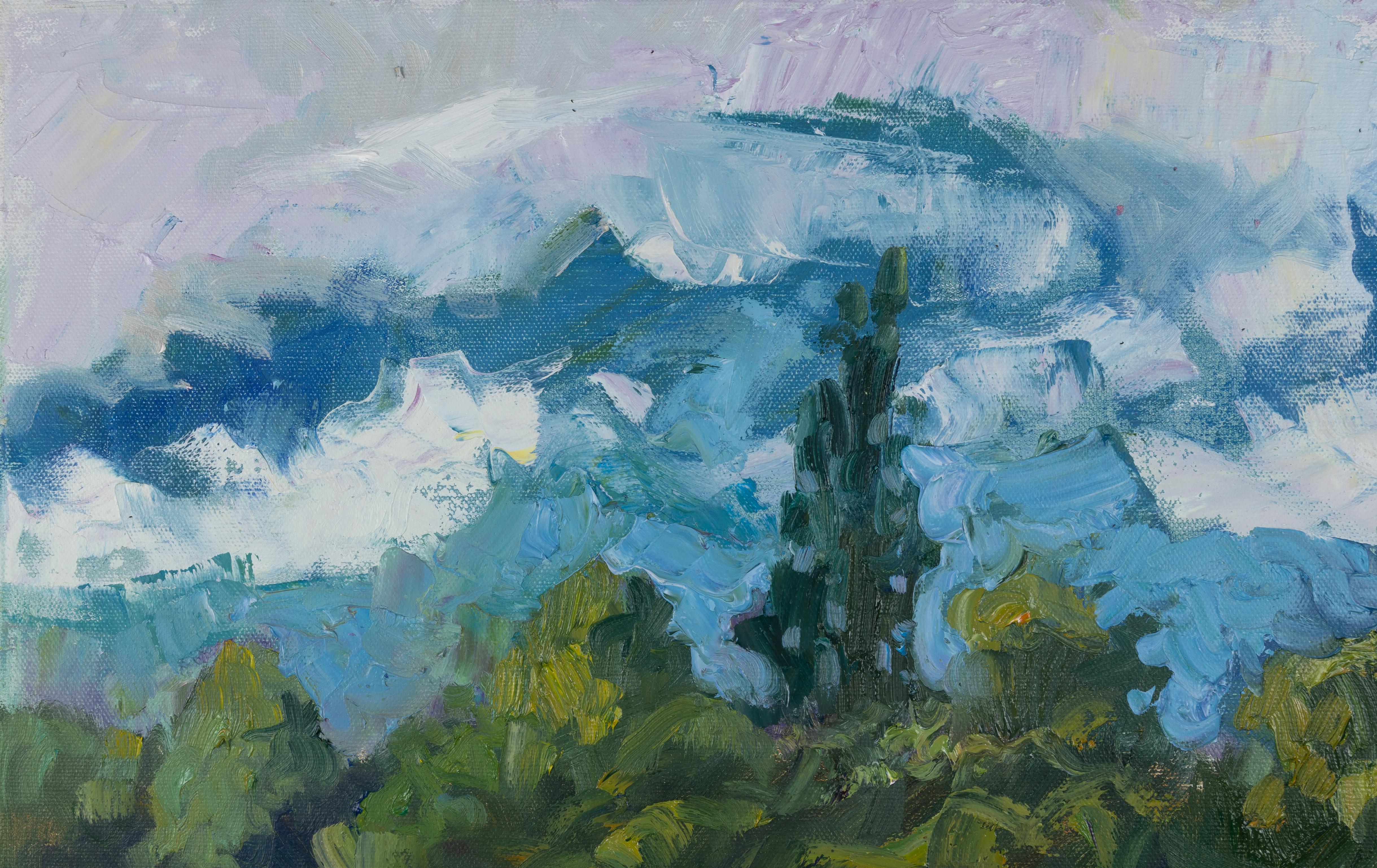 Sunny Joy. Landscape oil painting with flowers, mountains. Impressionism For Sale 3