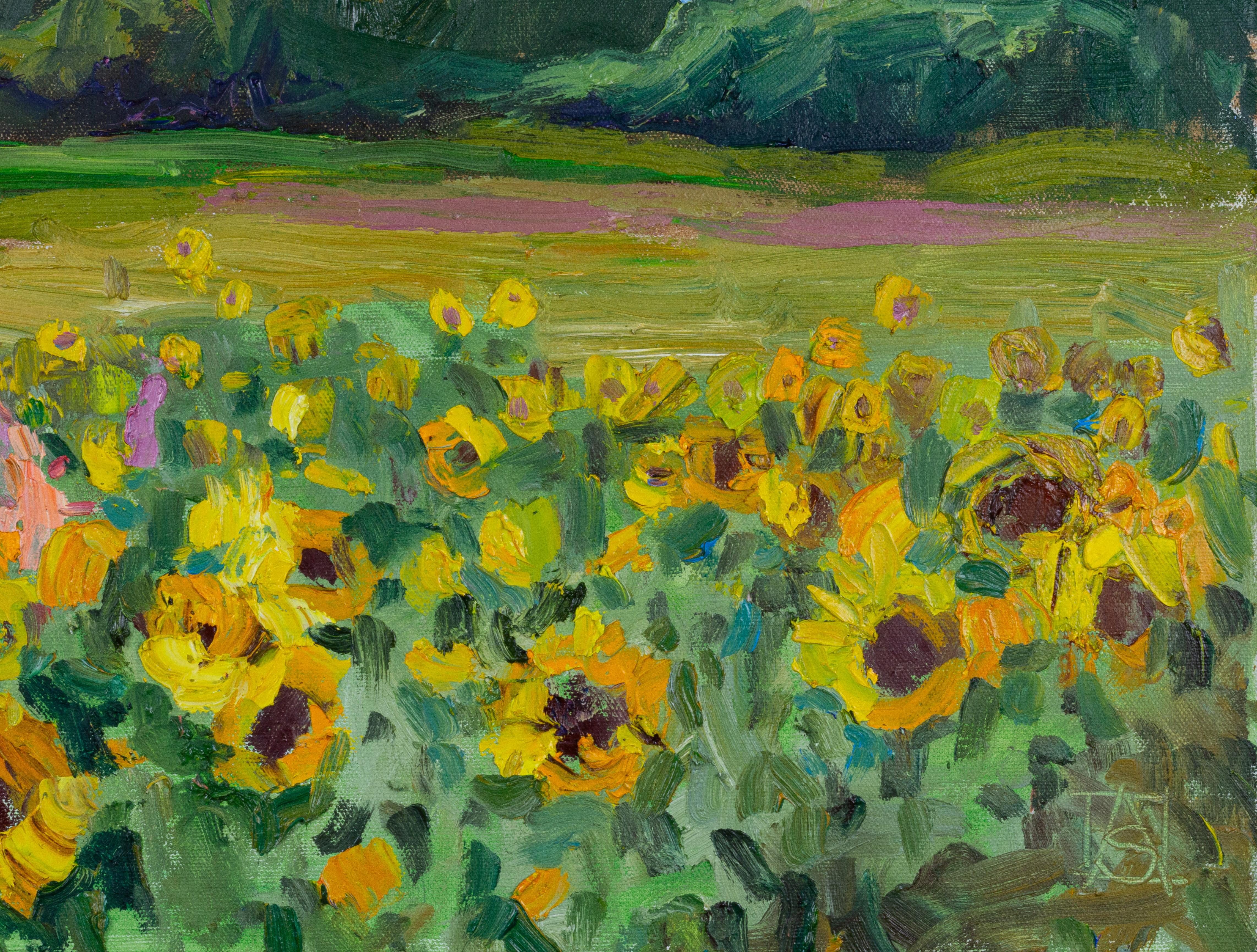 Sunny Joy. Landscape oil painting with flowers, mountains. Impressionism For Sale 4