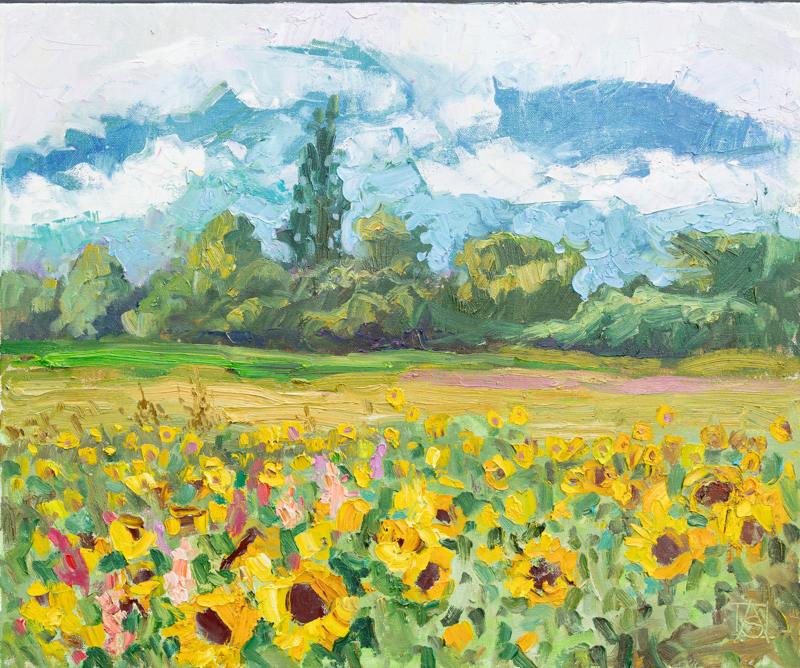 Anna Shesterikova Landscape Painting - Sunny Joy. Landscape oil painting with flowers, mountains. Impressionism