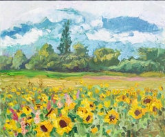 Sunny Joy. Landscape oil painting with flowers, mountains. Impressionism